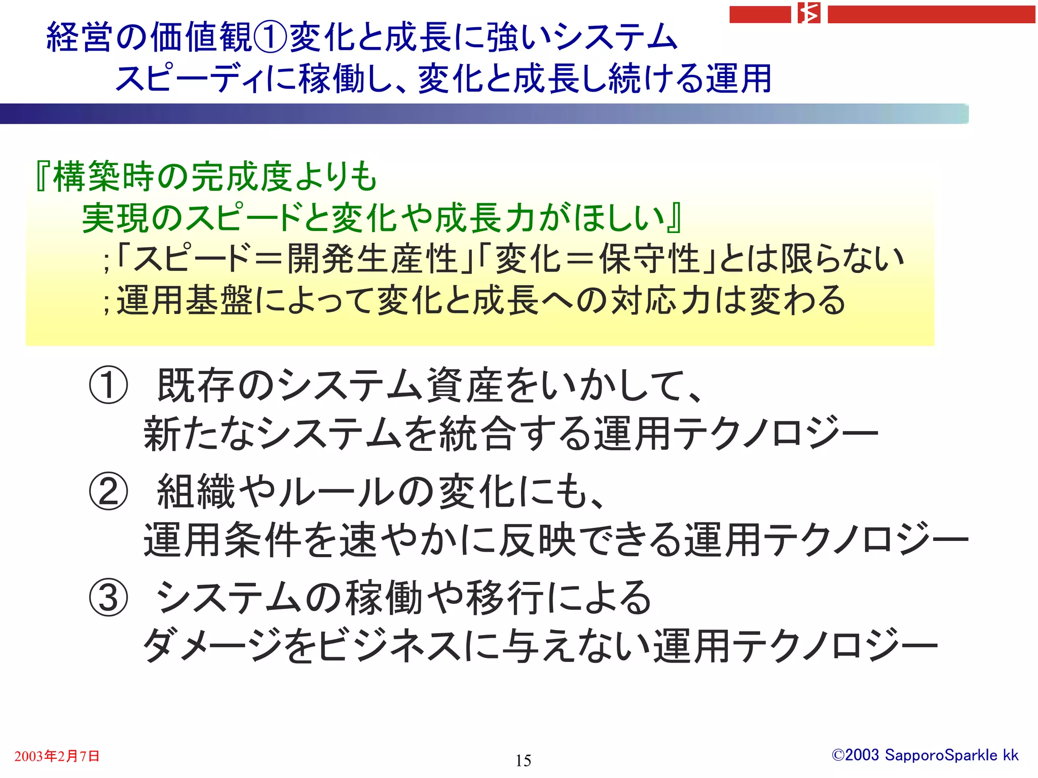経営の価値観①変化と成長に強いシステム
     スピーディに稼働し、変化と成長し続ける運用

  『構築時の完成度よりも
    実現のスピードと変化や成長力がほしい』
    ；「スピード＝開発生産性」「変化＝保守性」とは限らない
    ；運用基盤によって変化と成長への対応力は変わる

       ① 既存のシステム資産をいかして、
        新たなシステムを統合する運用テクノロジー
       ② 組織やルールの変化にも、
        運用条件を速やかに反映できる運用テクノロジー
       ③ システムの稼働や移行による
        ダメージをビジネスに与えない運用テクノロジー

2003年2月7日         15         ©2003 SapporoSparkle kk
 