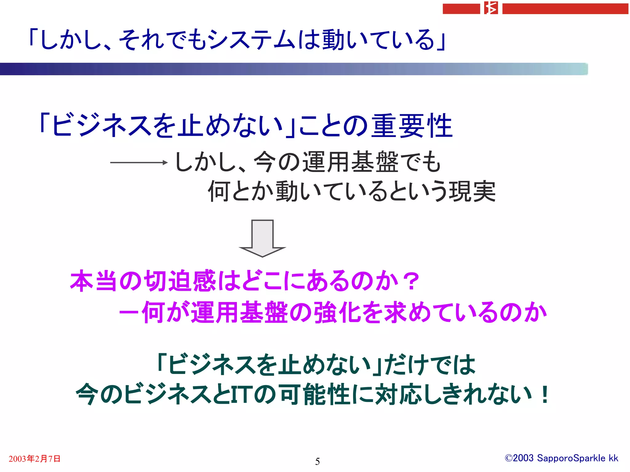「しかし、それでもシステムは動いている」


    「ビジネスを止めない」ことの重要性
                しかし、今の運用基盤でも
                  何とか動いているという現実


            本当の切迫感はどこにあるのか？
              －何が運用基盤の強化を求めているのか

               「ビジネスを止めない」だけでは
            今のビジネスとＩＴの可能性に対応しきれない！

2003年2月7日             5           ©2003 SapporoSparkle kk
 