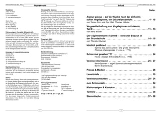 DeArGe Mitteilungen 8(2), 2003                                                                                                                                                                         DeArGe Mitteilungen 8(2), 2003
                                              Impressum                                                                                                                 Inhalt
Redaktion                                                     Hinweise für Autoren                                                                                                                                       Seite:
Volker von Wirth                                              Beiträge können in handschriftlicher, maschinenge-
Lilienstrasse 1                                               schriebener oder computerbearbeiteter Form einge-
71723 Großbottwar                                             reicht werden. Bevorzugt werden Manuskripte in elek-
! von-wirth@dearge.de                                         tronischer Form (WinWord, StarOffice Writer, Rich-          Atypus piceus – auf der Suche nach der einheimi-
                                                              Text Format oder *.txt) per E-Mail, 3,5" Diskette oder
Martin Huber                                                  CD-R. Gattungs- und Artnamen sind kursiv zu schrei-
                                                                                                                          schen Vogelspinne, ein Exkursionsbericht . . . . . . . . . . . . 4 - 10
Alter Postweg 52a                                             ben, Überschriften sollen hervorgehoben werden, wei-        von Tobias Dörr und Dipl. Biol. Thomas Lübcke
86159 Augsburg                                                tere Formatierungen sind zu unterlassen.
℡ 0821-5896946                                                Mit der Abgabe des Manuskripts versichern die Auto-         Vergesellschaftung von Vogelspinnen mit Asseln,
! huber@dearge.de                                             ren, daß sie allein befugt sind, über die urheberrechtli-
                                                              chen Nutzungsrechte an ihren Beiträgen, einschließlich
                                                                                                                          Teil II . . . . . . . . . . . . . . . . . . . . . . . . . . . . . . . . . . . . . . . . . . . . 11 - 13
Kleinanzeigen, Kontakte & Leserbriefe                         eventueller Bild- und anderer Reproduktinosvorlagen         von Marc Würde
Kleinanzeigen können von Mitgliedern in beliebiger            zu verfügen und daß der Beitrag keine Rechte Dritter
Anzahl an die Anzeigenannahme geschickt werden. An-           verletzt.                                                   Der »Spinnenmann« kommt – Tierischer Besuch in
nahmeschluss ist der 10. eines jeden Monats. Zu spät
eingehende Anzeigen werden nicht automatisch in der           Copyright 2003                                              der Grundschule . . . . . . . . . . . . . . . . . . . . . . . . . . . . . . . . . 14 - 19
nächsten Ausgabe wieder veröffentlicht. Wir veröffent-        Die Vervielfältigung jedweder Art (auch auszugsweise)       von Thorsten Gurzan
lichen auch alle Informationen über Börsen und Aus-           bedarf der schriftlichen Genehmigung durch die Deut-
stellungen. Kleinanzeigen und Termine bitte per E-            sche Arachnologische Gesellschaft e. V.. Sofern nicht
                                                              anders angegeben, stammen die Bilder von der Redakti-
                                                                                                                          kürzlich publiziert . . . . . . . . . . . . . . . . . . . . . . . . . . . . . . . . . 22 - 23
Mail, maschienengeschrieben bzw. in Druckbuchstaben
an die Anzeigenannahme schicken!                              on. ISSN 1437-5214                                                      Spinne des Jahres 2003 – Die große Zitterspinne
                                                                                                                                      Pholcus phalangioides (FUESSLIN , 1775)
Anzeigen- & Leserbriefannahme                                 Bankverbindung
Michaela Biese                                                Deutsche Arachnologische Gesellschaft e. V.
                                                              Raiffeisenbank Frechen+Hürth eG
                                                                                                                          Schon mal gesehen??? . . . . . . . . . . . . . . . . . . . . . . . . . . . . . . . 24
Düsterbeck 51
45731 Waltrop                                                 Kontonummer: 701493010                                                  Heute: Argiope trifasciata (FOSKÅL, 1775)
℡ 02309-786783                                                BLZ : 37062365
! anzeigenannahme@dearge.de                                                                                               Vereine informieren . . . . . . . . . . . . . . . . . . . . . . . . . . . . . . . 25 - 27
! leserbriefe@dearge.de                                       Fachbeiräte
                                                              * für Systematik und Taxonomie
                                                                                                                                      BerlinSpinnen – Vogel-Spinnen Arbeitsgemeinschaft
                                                              Dipl. Biol. Boris Striffler                                             Berlin-Brandenburg
Nachbestellservice
Fehlende Ausgaben der DeArGe-Mitteilungen können              Zoologisches Forschungsinstitut
schriftlich bei der Redaktion nachbestellt werden             und Museum A. Koenig                                        Presse & Medien . . . . . . . . . . . . . . . . . . . . . . . . . . . . . . . . . . . . . 28
(sofern noch vorhanden). Die Kosten betragen pro              53113 Bonn
Heft 5 EUR.                                                                                                               Leserbriefe . . . . . . . . . . . . . . . . . . . . . . . . . . . . . . . . . . . . . . . . . . 29
                                                              * für Vogelspinnenökologie und -ethologie
Artikel                                                       Dipl. Biol. Dirk Weinmann
Berichte über Haltung, Reisen oder sonstige interessan-       70734 Fellbach                                              Vereinsnachrichten . . . . . . . . . . . . . . . . . . . . . . . . . . . . . . . 29 - 34
te Themen werden gerne entgegengenommen und in
der Reihenfolge des Eingangs veröffentlicht. Wir setz-        Homepage-Redaktion                                          zum Schmunzeln . . . . . . . . . . . . . . . . . . . . . . . . . . . . . . . . . . . . . 34
ten die Einhaltung unseres Ethikkodexes und ebenso            Thorsten Gurzan                   Mandy Raasch
auch die Einhaltung der gesetzlichen Bestimmungen             Sternenburgstr. 45 / Z. 129       Schmollerstr. 10
voraus. Mit Verfassernamen gekennzeichnete Beiträge           53115 Bonn                        74074 Heilbronn           Kleinanzeigen & Kontakte . . . . . . . . . . . . . . . . . . . . . . . . . . . . . 35
geben nicht unbedingt die Meinung der Redaktion und           ! gurzan@dearge.de                ! raasch@dearge.de
der DeArGe e. V. wieder. Für Berichte und auch für die                                                                    Termine . . . . . . . . . . . . . . . . . . . . . . . . . . . . . . . . . . . . . . . . . . . . . 36
Anzeigen sind die jeweiligen Verfasser verantwortlich.        http://www.dearge.de
Für unverlangt eingesandtes Redaktionsmaterial                                                                            Stammtische . . . . . . . . . . . . . . . . . . . . . . . . . . . . . . . . . . . . . 37 - 38
(Manuskripte, Fotos, Bücher, etc.) kann keine Haftung
übernommen werden.




                                                          2                                                                                                                 3
 
