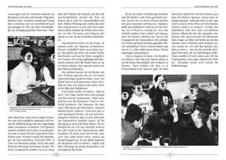 DeArGe Mitteilungen 8(2), 2003                                                                                                                                                                       DeArGe Mitteilungen 8(2), 2003



etwas sagen und ich versuchte anhand von                        über die Funktion des Kokons und über die          Bevor ich meine »Vorführung« beendete                      Menschen gefährlich werden können und
Beispielen und zwei aufeinander folgenden                       durchschnittliche Anzahl der Eier im           und die Kinder in die Pause geschickt wur-                     dass die kleinen Spinnen, denen man so
Exuvien einer Avicularia versicolor das Prinzip                 Kokon, die je nach Art unterschiedlich sein    den, kamen wir zu einem Thema welches                          häufig begegnet, meist gar nicht in der Lage
klar zu machen, was mir anscheinend auch                        kann. Meiner Meinung nach schien dies aber     mir ganz besonders wichtig war: »Spinnen:                      sind in unsere dicke Haut mit den kleinen
gut gelungen ist. Die von einer Vereinskolle-                   eher uninteressant zu sein und nach einem      giftig und gefährlich?«. Warum ich das The-                    Zähnen beißen zu können. »Giftig und
gin zur Verfügung gestellte Haut einer Thera-                   kurzen Blick standen die Kinder schon wie-     ma, wo es doch so wichtig ist, erst zum                        gefährlich« sind also zwei verschiedene
                                                                der vor den Terrarien und schauten der         Schluß erwähnt habe, erklärt sich daraus,                      Sachen! »Wenn Ihr hier also irgendwo eine
                                                                Spinne zu, wie sie das Heimchen »bearbeite-    dass die Kinder nämlich nun durch den                          Spinne seht, dann braucht Ihr überhaupt
                                                                te«.                                           Umgang mit den Spinnentieren die anfängli-                     keine Angst zu haben und könnt sie mit den
                                                                     Anschließend stellte ich die Frage, ob    che Scheu und Reserviertheit gegenüber die-                    Händen ohne Probleme nach draußen set-
                                                                jemand weiß, wie Spinnen »schmecken«           sen urtümlichen Tieren verloren hatten und                     zen, anstatt sie, wie viele das machen, ein-
                                                                können. Schließlich haben sie ja keine Zun-    nun m. E. offen dafür waren dieses Thema                       fach zu töten.« – das war für mich die wich-
                                                                ge. Man glaubt gar nicht, wie kreativ Kinder   unbefangen aufzunehmen.                                        tigste Botschaft, die ich rüberbringen wollte.
                                                                sein können und was für Ideen »ausgebrü-           Und so begann ich damit, den Kindern                       Dann erzählte ich noch etwas zum Gift der
                                                                tet« werden. Ein wenig ungläubig und über-     zu erklären, dass fast jede Spinne giftig ist                  Vogelspinnen und zeigte anhand der Haut
                                                                rascht schauten mich die Kinder dann an, als   um die Beute überwältigen und verdauen zu                      der Theraphosa blondi noch einmal die
                                                                ich ihnen erklärte, dass Spinnen quasi »mit    können. Auch erklärte ich, dass es in                          Beißwerkzeuge.
                                                                den Haaren schmecken«.                         Deutschland keine Spinnen gibt, die dem
                                                                     Als nächstes kramte ich ein Becken mit
                                                                zwei Pandinus imperator, die ich von einem
                                                                Spinnenkollegen geliehen hatte, unter der
                                                                Decke hervor und präsentiere diese eben-
                                                                falls auf dem nun schon recht vollen Tisch
                                                                in der Mitte des Stuhlkreises.
                                                                     Und wieder wollte ich wissen : »Was ist
                                                                das?«, Die Frage wurde dann auch prompt
                                                                und wie erwartet beantwortet. »Aber wozu
                                                                gehören nun die Skorpione? Sind es viel-
                                                                leicht Insekten?«. Die Stimmen, die eben
 »Begutachtung« des Größenunterschiedes zweier aufeinan-
 derfolgender Avicularia versicolor Exuvien.
                                                                noch »Skorpion« gerufen hatten, wussten
 Foto: Thorsten Gurzan                                          diesmal keine Antwort. Dennoch gab es
                                                                noch genügend Kinder, die mir nun fach-
phosa blondi löste dann schon einiges Erstau-                   männisch erklärten, dass es sich wohl auch
nen aus und ermögliche außerdem sich ein-                       um Spinnentiere handeln müsse, da die
mal die Beißwerkzeuge und den Augenhügel                        Skorpione ja auch acht Beine haben. Als ein
näher anschauen zu können. Die Spinnen                          Beispiel für ein Tier das ebenfalls Scheren
wurden natürlich nicht schon so groß gebo-                      hat, aber nicht zu den Spinnentieren zählt,
ren und so hatte ich als Gegenstück einen                       erwähnte ich dann noch den Krebs, dem
Kokon einer Avicularia urticans mit Spiderlin-                  auch fast jedes Kind schon einmal am
gen im Larvenstadium (Farbtafel Abb. 3)                         Strand begegnet ist. Als wir damit begannen
unter ein Binokular gelegt, durch das jedes                     die Skorpione auch zu füttern , zeigten sich
Kind die Winzlinge betrachten konnte. Bei                       diese allerdings als wenig »kooperativ« und     Umringt von den ganzen Kindern führt Thorsten die mitgebrachte Schwarze Witwe vor.
dieser Gelegenheit erzählte ich noch etwas                      verweigerten das Futter.                        Foto: Thorsten Gurzan


                                                           16                                                                                                            17
 