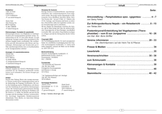 DeArGe Mitteilungen 8(3), 2003                                                                                                                                                                       DeArGe Mitteilungen 8(3), 2003
                                              Impressum                                                                                                                Inhalt
Redaktion                                                     Hinweise für Autoren                                                                                                                                     Seite:
Volker von Wirth                                              Beiträge können in handschriftlicher, maschinenge-
Lilienstrasse 1                                               schriebener oder computerbearbeiteter Form einge-
71723 Großbottwar                                             reicht werden. Bevorzugt werden Manuskripte in elek-
! von-wirth@dearge.de                                         tronischer Form (WinWord, StarOffice Writer, Rich-          Artvorstellung – Pamphobeteus spec. »gigantea« . . . . . . . 4 - 7
                                                              Text Format oder *.txt) per E-Mail, 3,5" Diskette oder      von Samy Felten
Martin Huber                                                  CD-R. Gattungs- und Artnamen sind kursiv zu schrei-
Alter Postweg 52a                                             ben, Überschriften sollen hervorgehoben werden, wei-
86159 Augsburg                                                tere Formatierungen sind zu unterlassen.
                                                                                                                          Zur Arthropodenfauna Nepals – ein Reisebericht . . . . . . . 8 - 15
℡ 0821-5896946                                                Mit der Abgabe des Manuskripts versichern die Auto-         von Tobias Dörr
! huber@dearge.de                                             ren, daß sie allein befugt sind, über die urheberrechtli-
                                                              chen Nutzungsrechte an ihren Beiträgen, einschließlich
                                                              eventueller Bild- und anderer Reproduktinosvorlagen
                                                                                                                          Postembryonal-Entwicklung bei Vogelspinnen (Thera-
Kleinanzeigen, Kontakte & Leserbriefe
Kleinanzeigen können von Mitgliedern in beliebiger            zu verfügen und daß der Beitrag keine Rechte Dritter        phosidae) – vom Ei zur Jungspinne . . . . . . . . . . . . . . . . . 16 - 28
Anzahl an die Anzeigenannahme geschickt werden. An-           verletzt.                                                   von Dipl. Biol. Boris Striffler
nahmeschluss ist der 10. eines jeden Monats. Zu spät
eingehende Anzeigen werden nicht automatisch in der           Copyright 2003
nächsten Ausgabe wieder veröffentlicht. Wir veröffent-        Die Vervielfältigung jedweder Art (auch auszugsweise)       Vereine informieren . . . . . . . . . . . . . . . . . . . . . . . . . . . . . . . 29 - 33
lichen auch alle Informationen über Börsen und Aus-           bedarf der schriftlichen Genehmigung durch die Deut-                   Die »BerlinSpinnen« auf der Heim-Tier & Pflanze
stellungen. Kleinanzeigen und Termine bitte per E-            sche Arachnologische Gesellschaft e. V.. Sofern nicht
Mail, maschienengeschrieben bzw. in Druckbuchstaben           anders angegeben, stammen die Bilder von der Redakti-       Presse & Medien . . . . . . . . . . . . . . . . . . . . . . . . . . . . . . . . . . . . . 34
an die Anzeigenannahme schicken!                              on. ISSN 1437-5214

Anzeigen- & Leserbriefannahme                                 Bankverbindung                                              Leserbriefe . . . . . . . . . . . . . . . . . . . . . . . . . . . . . . . . . . . . . . . . . . 35
Michaela Biese                                                Deutsche Arachnologische Gesellschaft e. V.
Düsterbeck 51                                                 Raiffeisenbank Frechen+Hürth eG                             Vereinsnachrichten . . . . . . . . . . . . . . . . . . . . . . . . . . . . . . . 35 - 38
45731 Waltrop                                                 Kontonummer: 701493010
℡ 02309-786783                                                BLZ : 37062365
                                                                                                                          zum Schmunzeln . . . . . . . . . . . . . . . . . . . . . . . . . . . . . . . . . . . . . 38
! anzeigenannahme@dearge.de
! leserbriefe@dearge.de                                       Fachbeiräte
                                                              * für Systematik und Taxonomie                              Kleinanzeigen & Kontakte . . . . . . . . . . . . . . . . . . . . . . . . . . . . . 39
Nachbestellservice                                            Dipl. Biol. Boris Striffler
Fehlende Ausgaben der DeArGe-Mitteilungen können              Zoologisches Forschungsinstitut
                                                              und Museum A. Koenig
                                                                                                                          Termine . . . . . . . . . . . . . . . . . . . . . . . . . . . . . . . . . . . . . . . . . . . . . 40
schriftlich bei der Redaktion nachbestellt werden
(sofern noch vorhanden). Die Kosten betragen pro              53113 Bonn
Heft 5 EUR.                                                                                                               Stammtische . . . . . . . . . . . . . . . . . . . . . . . . . . . . . . . . . . . . . 40 - 42
                                                              * für Vogelspinnenökologie und -ethologie
Artikel                                                       Dipl. Biol. Dirk Weinmann
Berichte über Haltung, Reisen oder sonstige interessan-       70734 Fellbach
te Themen werden gerne entgegengenommen und in
der Reihenfolge des Eingangs veröffentlicht. Wir setz-        Homepage-Redaktion
ten die Einhaltung unseres Ethikkodexes und ebenso            Thorsten Gurzan                   Mandy Raasch
auch die Einhaltung der gesetzlichen Bestimmungen             Sternenburgstr. 45 / Z. 129       Schmollerstr. 10
voraus. Mit Verfassernamen gekennzeichnete Beiträge           53115 Bonn                        74074 Heilbronn
geben nicht unbedingt die Meinung der Redaktion und           ! gurzan@dearge.de                ! raasch@dearge.de
der DeArGe e. V. wieder. Für Berichte und auch für die
Anzeigen sind die jeweiligen Verfasser verantwortlich.        http://www.dearge.de
Für unverlangt eingesandtes Redaktionsmaterial
(Manuskripte, Fotos, Bücher, etc.) kann keine Haftung
übernommen werden.




                                                          2                                                                                                                3
 