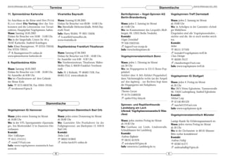 DeArGe Mitteilungen 8(3), 2003                                                                                                                                         DeArGe Mitteilungen 8(3), 2003
                                       Termine                                                                                    Stammtische
11. Spinnenbörse Karlsruhe                         Vivaristika Bayreuth                          BerlinSpinnen – Vogel-Spinnen AG                 Vogelspinnen-Treff Darmstadt
                                                                                                 Berlin-Brandenburg
Im Anschluss an die Börse wird Herr PETER          Wann: Sonntag 01.06.2003                                                                       Wann: jeden 2. Samstag im Monat
K LAAS einen Dia-Vortrag über das Vor-             Einlass für Besucher von 09:00 - 14:00 Uhr.   Wann: jeden 2. Samstag im Monat                  ab 19:00 Uhr
kommen und die Lebensweise von Terrari-            Wo: Bärenhalle-Mehrzweckhalle, 95444 Bay-     ab 15:00 Uhr                                     Wo: in Arheilgen in der Gaststätte »Arheil-
entieren, Hauptgebiet Vogelspinnen, halten.        reuth Nord                                    Wo: im Kaminzimmer des Leopold’s (Roll-          ger Mühlchen«
Wann: Samstag 10.05.2003                           Info: Harry Wölfel, ℡ 0921-35058,             bergstr. 69, 12053 Berlin Neuköln).              Eingeladen sind alle Vogelspinnenhalter, -
Einlass für Besucher von 10:00 - 15:00 Uhr.        ! h.woelfel@netzoffice.de,                    Kontakt:                                         züchter und die, die es noch werden möch-
Wo: in der Sängerhalle, Untere Str. 44 a,          www.vivaristika.de                            Hagen Dreischhoff                                ten.
76187 Karlsruhe, Stadtteil Knielingen.                                                           ℡ 030-23622345                                   Kontakt:
Info: Klaus Baumgärtner, ℡ 07255-726550,           Reptilienbörse Frankfurt-Titusforum           ! hagen@von-tronje.de                            Jochen
Fax: 07255-726551,                                                                               Info: www.berlinspinnen.de                       ℡ 06151-377426
! K.Baumgaertner@t-online.de                       Wann: Samstag 07.06.2003                                                                       ! kontakt@vogelspinnen-treff.de
www.spinnenboerse-karlsruhe.de                     Einlass für Besucher von 9:30 - 16:00 Uhr,    Vogelspinnenstammtisch Bonn                      Claus Döringer
                                                   für Aussteller von 6:00 - 9:30 Uhr.                                                            ℡ 06209-79127
8. Reptilienbörse Köln                             Wo: Nordwestzentrum, Titusforum, Walter-      Wann: jeden 1. Dienstag im Monat                 ! clausdoeringer@aol.com
                                                   Möller-Platz 2, 60439 Frankfurt Nordwest-     um 20 Uhr                                        Info: www.vogelspinnen-treff.de
Wann: Samstag 18.05.2003                           stadt.                                        Wo: im Hoppegarten in 53115 Bonn-Pop-
Einlass für Besucher von 11:00 - 16:00 Uhr,        Info: H. J. Rolinski, ℡ 06483-7528, Fax:      pelsdorf.
für Aussteller ab 8:00 Uhr.                        06483-2112, www.rolinski.de                   Anfahrt über A 565-Abfahrt Poppelsdorf,          Vogelspinnen IG Stuttgart
Wo: im »Tanzbrunnen« auf dem Gelände                                                             dann Nächstmögliche rechts (an der Ampel)
der Messe Köln                                                                                   auf den Jagdweg – zur Rechten liegt dann         Wann: jeden 4. Freitag im Monat
Info: ℡ 0175-6859736, Fax: 02841-29104,                                                          der Hoppegarten mit Parkplätzen.                 ab 20 Uhr
! terraboerse@gmx.li                                                                             Kontakt:                                         Wo: SKV-Heim Eglosheim, Tammerstraße
                                                                                                 Thorsten Gurzan                                  30, 71634 Ludwigsburg, Stadteil Eglosheim
                                                                                                 ℡ 0179-51069228                                  Kontakt:
                                                                                                 ! spider@itsy-bitsy.de                           Michael Lang
                                                                                                                                                  ℡ 07146-891529
                                    Stammtische                                                  Spinnen- und Reptilienfreunde                    ! nuschel123@aol.com
                                                                                                 Landsberg am Lech                                Info: www.vogelspinnen-ig.de
Vogelspinnen IG Hannover                           Vogelspinnen-Stammtisch Bad Orb               (ehemal. Vogelspinnenstammtisch Mün-
                                                                                                 chen)                                            Vogelspinnenstammtisch Münster
Wann: jeden ersten Sonntag im Monat                Wann: jeden ersten Donnerstag im Monat
ab 16:00 Uhr                                       ab 20:00 Uhr                                  Wann: jeden zweiten Freitag im Monat             Lustige Runde für Erfahrungsaustausch etc.
Wo: in der VFL-Sportgaststätte »Sportanla-         Wo: Gaststätte Alte Posthalterei (in der      ab 19:30 Uhr                                     Wann: jeden vierten Freitag im Monat
ge«, Am Moritzwinkel 12 in Hannover-Her-           Fußgängerzone), am Marktplatz 12, 63619       Wo: Gasthaus zur Linde, Lindenstraße,            ab 20 Uhr
renhausen                                          Bad Orb                                       Schwabhausen bei Landsberg                       Wo: in der Dechaneistr. in 48145 Münster
Kontakt:                                           Kontakt:                                      Kontakt:                                         Bitte vorher kontaktieren!
Marc Voßkämper                                     Stefan Lück                                   Andreas Roglmeier                                Kontakt:
℡ 0511-2151311                                     ℡ 06052-919843                                ℡ 08191-657076                                   Andreas Halbig
! vossk77@aol.com                                  ! stefan-lueck@t-online.de                    ! avicularia10@gmx.de                            ℡ 02382-61277
Info: www.vogelspinnen-stammtisch-han-                                                           Info: www.terra-Landsberg.de.vu                  ! andreashalbig@gmx.de
nover.de
                                              40                                                                                             41
 