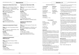 DeArGe Mitteilungen 8(3), 2003                                                                                                                                                               DeArGe Mitteilungen 8(3), 2003
                                   Stammtische                                                                                                  DeArGe e. V.

Vogelspinnen-Stammtisch Nord                       Vogelspinnen Stammtisch OWL                                Vorstand der DeArGe e. V.                           • Wir halten Workshops unter fachmännischer Leitung
                                                                                                                                                                    zum Bestimmen von Spinnentieren ab.
                                                                                                  1. Vorsitzender                  Kassenwart
Wann: jeden ersten Freitag im Monat (Aus-          Wann: jeden ersten Samstag im Monat            Andreas Halbig                   John Osmani                    • Wir machen Exkursionen zum Kennenlernen der
nahme Dezember: 2. Freitag im Monat).              ab 19 Uhr                                      Pommernstr. 14                   Dürerstr. 1                      Spinnenfauna im In- und Ausland.
Börse ab 17:00 Uhr, anschließend Vogel-            Wo: in der Gaststätte »Jovel«, Echternstraße   59229 Ahlen                      50226 Frechen                  • Wir geben das zweimonatlich erscheinende Magazin
spinnen-Stammtisch NRW                             76, 32657 Lemgo                                                                                                  »Mitteilungen« als Vereinsorgan heraus. Dieses dient
                                                                                                  2. Vorsitzender                  Schriftführer                    zur Veröffentlichung aller rund um das Thema »Spin-
Wo: Bürgerhaus Bochum-Werne,                       Kontakte:                                      Thorsten Gurzan                  Andreas Höckelmann               nentiere« publizierbarer Informationen.
Am Born 10, 44894 Werne                            Stephen Keeling                                Sternenburgstr. 45 / Z. 129      Im Kühl 9a
Kontakte:                                                                                         53115 Bonn                       59227 Ahlen                    Der Kodex der DeArGe e. V.
                                                   ℡ 05232-702879
                                                                                                                                                                  • Die Mitglieder des Vereins verpflichten sich, einander
Hans-Werner Auer                                   ! stephen@keeling.de                           Pressewart                                                        bei arachnologischen Problemen uneigennützig zu
℡ 02932-9319463                                    Marc Schormann                                 Volker von Wirth                                                  helfen.
! h.-w.auer@t-online.de                                                                           Goethestraße 21
                                                   ℡ 05261-14780                                                                                                  • Sie verpflichten sich weiterhin, einander nicht zu
                                                                                                  71737 Kirchberg a. d. Murr
Andreas Mähr                                       ! avicularia@teleos-web.de                                                                                       übervorteilen, z. B. beim Verkauf von Spinnentieren.
℡ 0211-6029521                                     Info: www.vogelspinnen-stammtisch-owl.de                                                                       • Beim Bestimmen von Spinnentieren für Vereinsmit-
                                                                                                                    Ehrenmitglieder
! AndreasM@Maehrus.de                                                                                                                                               glieder dürfen nur die tatsächlich entstandenen Unko-
Info: www.vogelspinnentreff.de                     Vogelspinnen-Stammtisch                        Rick West                        Friedhelm Piepho                 sten (z. B. Gebühren für Literatur, Fotokopien, Porto-
                                                                                                  Royal British Museum             522 Fenwick Dr.                  und Verpackungskosten, ggf. Chemikalien) in Rech-
                                                   Switzerland                                    c/o 3436 Blue Sky Place          New Albany                       nung gestellt werden.
                                                                                                  Victoria BC,                     IN, 47150
                                                   Wann: jeden Monat (genaue Termine siehe        Canada V9C 3N5                   USA                            • Beim Sammeln von Spinnentieren sind die jeweiligen
Vogelspinnenstammtisch Kassel
                                                                                                                                                                    Bestimmungen der Behörden strikt zu beachten. Es
                                                   Homepage)                                      Dr. Sylvia Lucas                                                  sollen nur so viele Exemplare gefangen werden, wie
Wann: jeden ersten Donnerstag im Monat             Wo: Abwechslungsweise in Glattfelden und       Instituto Butantan                                                für den jeweiligen wissenschaftlichen Zweck oder den
ab 20 Uhr                                          Bern (genaue Standorte siehe Homepage)         Sao Paulo, Brasilien                                              Aufbau einer Zuchtgruppe unbedingt erforderlich.
Wo: im »Limerick«, Wilhelmshöher Allee             Kontakte:                                                                                                        Das Ausbeuten ganzer Biotope ist verwerflich und
                                                                                                  Allgemeines                                                       stellt einen Verstoß gegen die Satzung des Vereins
116 (Haltestelle Kirchweg).                        Thomas Märklin                                 Die Deutsche Arachnologische Gesellschaft e. V. wurde             dar.
Kontakt:                                           ℡ (0041) (0)71-4110634                         1995 in Ludwigsburg gegründet. Der heutige Sitz und
                                                                                                  die Eintragung ins Vereinsregister der DeArGe befindet          • Die Mitglieder des Vereins verpflichten sich, Hybride
Balint Földesi                                     ! t.maerklin@poecilotheria.com                                                                                   grundsätzlich nicht zu vermarkten oder unkontrolliert
                                                                                                  sich in Schwerte.
℡ 0561-7014961                                     Info: www.poecilotheria.com/vsfs.htm           Die DeArGe dient dem Zusammenschluß aller deut-                   aus der Hand zu geben. Spätestens nach ihrem Tode
! balint@rear-window.de                                                                           schen Arachnologen, mit Ausnahme der Acarologen.                  sind Hybride dem ursprünglichen Züchter zurückzu-
                                                                                                  Sie hat das Ziel, die Arachnologie zu fördern. Dabei              geben, der sie dann unter Kennzeichnung einem
                                                                                                  verfolgt sie ausschließlich und unmittelbar gemeinnützi-          Museum übereignet oder vernichtet.
Vogelspinnenstammtisch                                                                            ge Zwecke im Sinne der Gemeinnützigkeitsverordnung
Waltershausen                                                                                     vom 24.12.1953.                                                 Mitgliedsbeitrag
                                                                                                  Die heutige Ausrichtung der DeArGe ist allerdings eher          Der Mitgliedsbeitrag für ein Jahr beträgt 25 EUR.
                                                                                                  im Bereich der Erforschung und Übermittlung von                 Schüler und Studenten können zum ermäßigten Jahres-
Wann: jeden letzten Sonntag im Monat                                                                                                                              beitrag von 13 EUR beitreten. In der Mitgliedschaft ist
                                                                                                  Informationen von Vogelspinnen zu sehen, da der weit-
ab 18:00 Uhr                                                                                      aus größte Teil der Mitglieder sich beinahe ausschließ-         der Bezug der zweimonatlich erscheinenden »Mitteilun-
Wo: in der Clara-Zetkin-Str. 46, 99880 Wal-                                                       lich mit diesen Spinnentieren beschäftigt.                      gen« bereits enthalten.
tershausen
                                                                                                  Die Ziele der DeArGe e. V.                                      http://www.dearge.de
Bitte vorher kontaktieren!
                                                                                                  • Wir vermitteln Informationen über Spinnentiere, um
Kontakt:                                                                                            Vorurteile abzubauen und Spinnenangst zu nehmen.
Stephan Martini                                                                                     Unser Schwerpunkt liegt bei der Vermittlung von
℡ 03622-401690                                                                                      Informationen über Vogelspinnen.
                                                                                                  • Wir versuchen, falsche Informationen über Spinnen-
! VSStammtischWh@aol.com                                                                            tiere in Presse, Funk und Fernsehen richtigzustellen.



                                              42                                                                                                             43
 