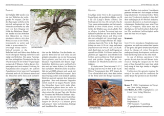 DeArGe Mitteilungen 8(3), 2003                                                                                                                                               DeArGe Mitteilungen 8(3), 2003



PAARUNG:                                                                                           HALTUNG                                             was als Zeichen von starkem Unwohlsein
                                                                                                                                                       gedeutet werden darf. Auch mögen sie keine
Im Frühjahr 2002 wurden von                                                                        Ich pflege meine Tiere in den sogenannten           lang anhaltenden Trockenperioden. Wenn
mir zwei Weibchen der vorlie-                                                                      Fauna-Boxen mit geschätzten Maßen von 30            man eine Trockenzeit simuliert, dann darf
genden Art verpaart. Die bei-                                                                      x 25 x 25 (Länge x Breite x Höhe). Der              diese nicht länger als 4-6 Wochen andauern,
den Paarungen verliefen recht                                                                      Bodengrund ist etwa 10 cm hoch. Da die              ansonsten kommt es zu Austrocknungser-
hektisch und agressiv ab. Das                                                                      Tiere kaum umherwandern und fast aussch-            scheinungen. Beabsichtigt man, seine Tiere
Männchen trommelte nur sehr                                                                        ließlich in ihrer Höhle leben, reicht die           nicht zu verpaaren, dann kann man sie
kurz vor dem Eingang der                                                                           Größe des Behälters aus, um ein adultes Tier        durchgehend bei leicht feuchtem Boden hal-
Höhle des Weibchens. Darauf-                                                                       zu pflegen. In jedem Terrarium liegt eine           ten. Die geschätzte Luftfeuchigkeit sollte
hin wandte sich das Weibchen                                                                       halbierte Korkröhre auf dem Boden, welche           dann bei etwa 70% rF liegen.
dem Männchen zu. Dieser                                                                            als Unterschlupf dienen soll. Diese wird
wiederum näherte sich dem                                                                          aber nur anfänglich als Unterschlupf ange-          SUMMARY:
Weibchen nun in der Höhle,                                                                         nommen, nach wenigen Wochen der Einge-
betrommelte es weiter und                                                                          wöhnung bauen die Tiere in der Regel eine           SAMY FELTEN introduces Pamphobeteus spec.
lockte es so aus seinem Un-     Pamphobeteus spec., Männchen                                       Röhre von etwa 15-20 cm Länge und einem             »gigantea«, an until now undescribed species
terschlupf heraus. Ansch-       Foto: Bernd Bischoff                                               Durchmesser von etwa 4-5 cm. Das Kork-              of the genus. He gives detailed information
ließend stemmte er das                                                                             stück dient dann nur noch als Eingang zur           about the changes of colour this species
Weibchen hoch und führte einen Bulbus ein. cher um das Weibchen. Von den beiden ver-               eigentlichen Höhle. Ich füttere meine Pam-          undergoes during development on the one
Nach vollzogener Paarung entfernte er sich paarten Weibchen hat sich eines im Juni                 phobeteus spec. »gigantea« ausschließlich mit       hand and during molts on the other hand.
zügig vom Weibchen. Der ganze Paarungs- gehäutet, das andere war vor der Verpaarung                Grillen, auch nachdem sie frisch gehäutet               In case of defense, specimen of this
akt (vom anfänglichen Trommeln bis hin zur frisch gehäutet und hat sich seit etwa 2                sind und großen Hunger haben, ver-                  species do not show the well known beha-
»Flucht«) dauerte bei beiden Verpaarungen Monaten eingebuddelt. Bei diesem einge-                  schmähen sie Wanderheuschrecken oder                viour of raising the carapace and the first
weniger als 2 Minuten. Solche kurzen Ver- buddelten Weibchen warte und hoffe ich                   Schaben.                                            pairs of legs. Instead they raise their whole
paarungen sind nach meiner Erfahrung für also noch auf einen Kokon. Ein drittes, bis                   Ich halte meine Tiere bei etwa 25-27°C          body using all their legs, similar to Megapho-
Pamphobeteus eher untypisch. Bei anderen dato subadultes Weibchen hatte sich eben-                 am Tage und bei etwa 19-20°C in der Nacht.          bema robustum.
Pamphobeteus-Arten kann der Paarungsakt falls im Juni 2002 gehäutet und wurde mit                  Höhere Temperaturen über 30°C mögen die                 Furthermore the agressive mating, the
schonmal mehr als 10 Minuten dauern und einem »frischen« Männchen verpaart. Auch                   Tiere offensichtlich nicht, denn dann ziehen        setup of the tanks and the conditions the
das Männchen wirbt dann auch ausführli- diese Paarung verlief recht hektisch und das               sie die Beine unter den Körper zusammen,            author keeps the specimen in are described.
                                                   Weibchen war sehr agressiv dem Männchen
                                                   gegenüber. Ohne mein beherztes Eingreifen                                                           LITERATUR:
                                                   mittels einer 30 cm langen Pinzette würde
                                                   das Männchen heute nicht mehr leben.                                                                KLAAS, P. (1989): Vogelspinnen im Terrari-
                                                   Offensichtlich gehört diese Art nicht zu                                                               um. Ulmer Verlag, Stuttgart
                                                   jenen Arten, bei denen man das Männchen                                                             VON WIRTH, V. (1996): Vogelspinnen. Grä-
                                                   ohne weiters für ein paar Tage oder Wochen                                                             fe und Unzer Verlag, München
                                                   im Terrarium des Weibchens belassen kann.
                                                      Wenn eines der Tiere einen Kokon bau-                                                               Adresse des Autors:
                                                   en sollte, werde ich das hier in den »Mittei-                                                          Samy Felten
                                                   lungen« der DeArGe e. V. bekannt geben                                                                 Hauptstrasse 35
                                                   und genauere Daten zu Kokonbau, Eiablage                                                               7465 Nommern / Luxemburg
                                                   und Anzahl der Eier machen.                                                                            ! pamphobeteus@hotmail.com
 Pamphobeteus spec.                                                                                 Pamphobeteus spec.
 Foto: Bernd Bischoff                                                                               Foto: Stéphane Halby

                                               6                                                                                                   7
 