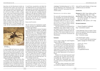 DeArGe Mitteilungen 8(3), 2003                                                                                                                                                      DeArGe Mitteilungen 8(3), 2003



dann lässt sich die Bewohnerin wieder ein              fe und Steine umzudrehen und dabei für            ringfügiger Nachtabsenkung auf ca. 24°C)             tions and the special climates of these total-
Stockwerk tiefer sinken und entzieht sich              eine Millisekunde die erwartungsvolle An-         bis zum Minimum in der Trockenzeit, in der           ly different areas are described.
somit den nervenden Lichtstrahlen. Dies                spannung der potentiellen Konfrontation           tagsüber 18 bis 26°C und nachts 8 bis 15°C
wäre eigentlich eine relativ elegante Metho-           mit einem Skorpion oder Vergleichbarem zu         erreicht werden.                                     LITERATUR:
de, sich aus der Affäre zu ziehen, verfügte            spüren, aber egal, auch Amaurobius fenestralis,
Homo sapiens nicht bedauernswerterweise                Coelotes spec. und sogar die »ordinäre« Kreuz-    DANKSAGUNG IN NO SPECIAL ORDER:                      GRUBER, U. (1995): Nepal, sikkim und But-
über ein Gehirn, das zu den perfidesten Plä-           spinne haben ja etwas durchaus Faszinieren-                                                               han. REiseführer Natur. BLV-Verlag.
nen fähig ist, um niederen Trieben wie dem             des, wenn man nur gelernt hat, genau genug        Für wertvolle Unterstützung während mei-             POCOCK, R. I. (1899): Diagnoses of some
der Neugier entgegenzukommen. Und so                   hinzusehen und sich auf die natürliche            nes Aufenthaltes wie auch bei der Erstellung            new Indian Arachnida. Jour. Bombay nat.
lasse ich den Monsun dieses Jahr etwas                 Ästhetik dieser Tiere einzulassen.                dieses Artikels gebührt folgenden Personen              Hist. Soc. 12: 744-753.
früher, nämlich schon im März beginnen,                                                                  herzlichster Dank: FRANK TILLACK, DIET-              SCHMIDT, G. (1984): Spinnen. APV-Verlag.
indem ich einfach etwas Wasser in das Loch             KLIMA DER FUNDORTE                                MAR H UBER , VOLKER VON W IRTH , K ARAN
laufen lasse. Der ca. 15 mm messenden Lyco-                                                              BAHADUR S HAH (Natural History Museum,               INTERNETADRESSEN:
sa spec., die nun wutentbrannt aus ihrer Röh-          Was die Fundorte der Vogelspinnen angeht,         Kathmandu) und MARTIN HUBER.
                                                       so kann man grob vereinfachend zweiteilen:            Für die Schaffung der grundsätzlichen            1. Deutsch-Nepalische Gesellschaft:
                                                       Hochland und Tiefland.                            Möglichkeit, einen solchen Artikel zu verfas-        http://www.deutsch-nepal.de
                                                           Etwas differenzierter bedeutet Hochland       sen, danke ich RAM PRATAP THAPA für die
                                                       für die Spinnenfundorte Höhen von 900 bis         Deutsch-Nepalische Gesellschaft sowie mei-           2. King Mahendra Trust for Nature Conser-
                                                       1900 Meter über N.N. [eigene Erfahrungen          nen Eltern. Des weiteren danke ich ULRICH            vation, die nepalische Naturschutzorganisa-
                                                       und (F RANK T ILLACK , schriftliche Mittei-       F RORIEP für die kritische Durchsicht des            tion, für die ich arbeitete:
                                                       lung)] und Tiefland 50 bis 150 Meter ü.N.N.       Manuskriptes.                                        http://www.kmtnc.org.np
                                                           Im Hochland herrscht monsungeprägtes
                                                       Subtropenklima mit erstaunlich kalten Win-        SUMMARY:                                             3. The World Spider Catalog:
                                                       tern. Im Sommer (April bis September) pen-                                                             http://research.amnh.org/entomology/
                                                       deln die Temperaturen bei 28 bis 35°C             T OBIAS D ÖRR visited the small kingdom                  spiders/catalog81-87/INTRO1.html
                                                       tagsüber bei hoher Luftfeuchte; der April ist     Nepal in 2000 and 2001.
                                                       meist noch heiß und trocken, im Mai be-               During his 13 month lasting work for                Adresse des Autors:
                                                       ginnt dann der Monsun und es regnet jeden         the German-Nepal Friendship Association                 Tobias Dörr
 Lycosa spec.
 Foto: Tobias Dörr
                                                       zweiten Tag. Ab Oktober regnet es gar nicht       he had the chance to do some field trips in             Falkenstraße 24
                                                       mehr, bis auf eine kurze (nur wenige Tage)        order to examine the theraphosid and asso-              30449 Hannover
re stürmt gefällt die Dusche also scheinbar            Unterbrechung durch den im Januar/Febru-          ciated fauna of the land. Three locations in            ! sarpakobita@web.de
gar nicht, und da Homo nicht-so-sapiens leider         ar aufkommenden Wintermonsun. Während             different geographical areas were chosen to
zwar an die Wasserflasche gedacht, ein Be-             der Trockenzeit fallen die Temperaturen auf       give us some impressions of the fauna of
hältnis jedoch vergessen hat, kann sie diese           -1 bis 2°C nachts und 14 bis 20 °C tagsüber.      Nepal.
Wut auch voll auslassen, indem sie mir in die          Schnee fällt in den Fundorten der Spinne              Besides the obviously frequently found
Fanghand beißt. Eine Begegnung, die aller-             nach Auskunft der Bevölkerung (dort, wo           Selenocosmia spp. the author also found He-
dings gesundheitlich folgenlos blieb.                  ich sie befragen konnte) nie.                     teropodidae spp., different species of mant-
    Die anfängliche Frage nach dem »Was                    Extremer sieht es im Tiefland aus: Die        ids, Nephila spp., Selenopidae spp., some
tue ich hier?« stellt sich mir jetzt, nach mei-        Monsunzeiten sind die selben, nur dass es         scorpions and non-arthropods like snakes
ner Rückkehr nach Deutschland, weiterhin,              hier noch mehr regnet als im Hochland. Die        and toads.
wenngleich auch in verändertem Kontext.                Temperaturen bewegen sich von ihrem                   The places where tarantulas were found
Noch immer ertappe ich mich dabei, durch               Maximum (bis zu 45°C mittags) im April            are devided into highland- and lowland-loca-
einen Buchenwald schlendernd Baumstümp-                über ca. 30 bis 35°C im Sommer (mit ge-
                                                  14                                                                                                     15
 