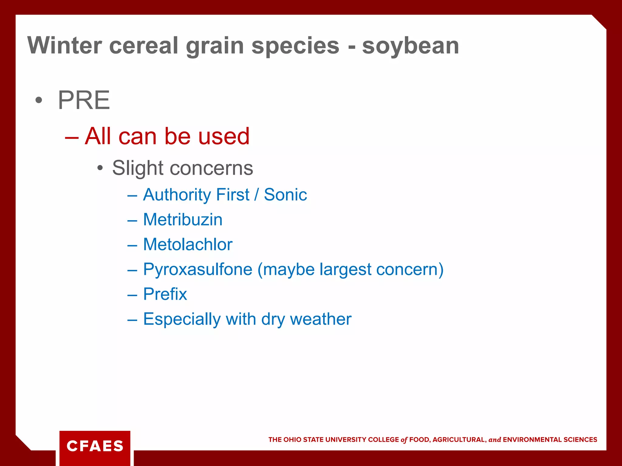 • PRE
– All can be used
• Slight concerns
– Authority First / Sonic
– Metribuzin
– Metolachlor
– Pyroxasulfone (maybe largest concern)
– Prefix
– Especially with dry weather
Winter cereal grain species - soybean
 