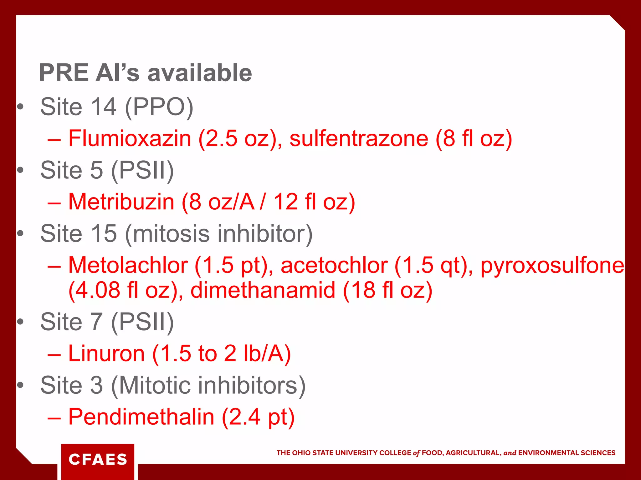 • Site 14 (PPO)
– Flumioxazin (2.5 oz), sulfentrazone (8 fl oz)
• Site 5 (PSII)
– Metribuzin (8 oz/A / 12 fl oz)
• Site 15 (mitosis inhibitor)
– Metolachlor (1.5 pt), acetochlor (1.5 qt), pyroxosulfone
(4.08 fl oz), dimethanamid (18 fl oz)
• Site 7 (PSII)
– Linuron (1.5 to 2 lb/A)
• Site 3 (Mitotic inhibitors)
– Pendimethalin (2.4 pt)
PRE AI’s available
 