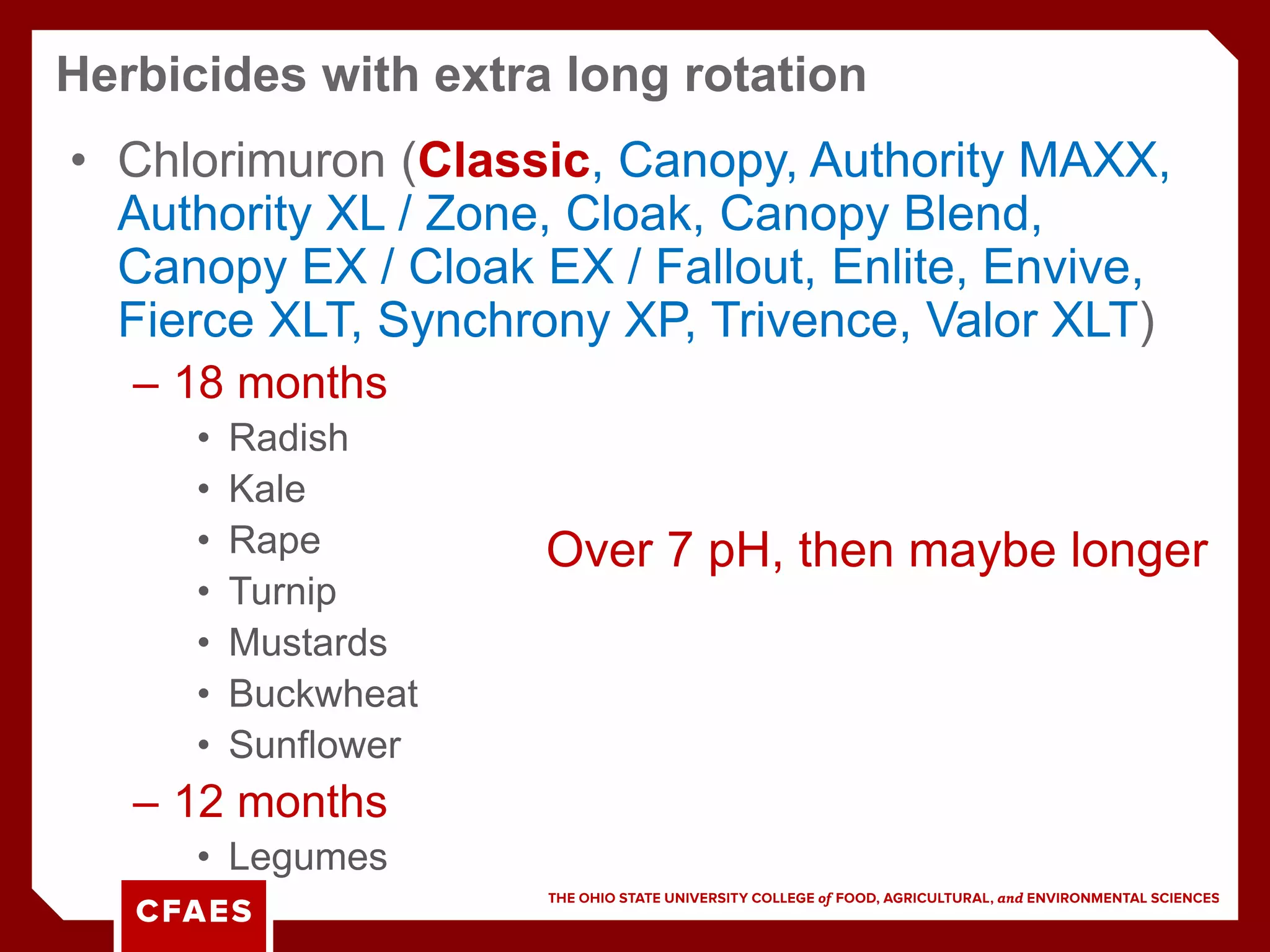 • Chlorimuron (Classic, Canopy, Authority MAXX,
Authority XL / Zone, Cloak, Canopy Blend,
Canopy EX / Cloak EX / Fallout, Enlite, Envive,
Fierce XLT, Synchrony XP, Trivence, Valor XLT)
– 18 months
• Radish
• Kale
• Rape
• Turnip
• Mustards
• Buckwheat
• Sunflower
– 12 months
• Legumes
Herbicides with extra long rotation
Over 7 pH, then maybe longer
 