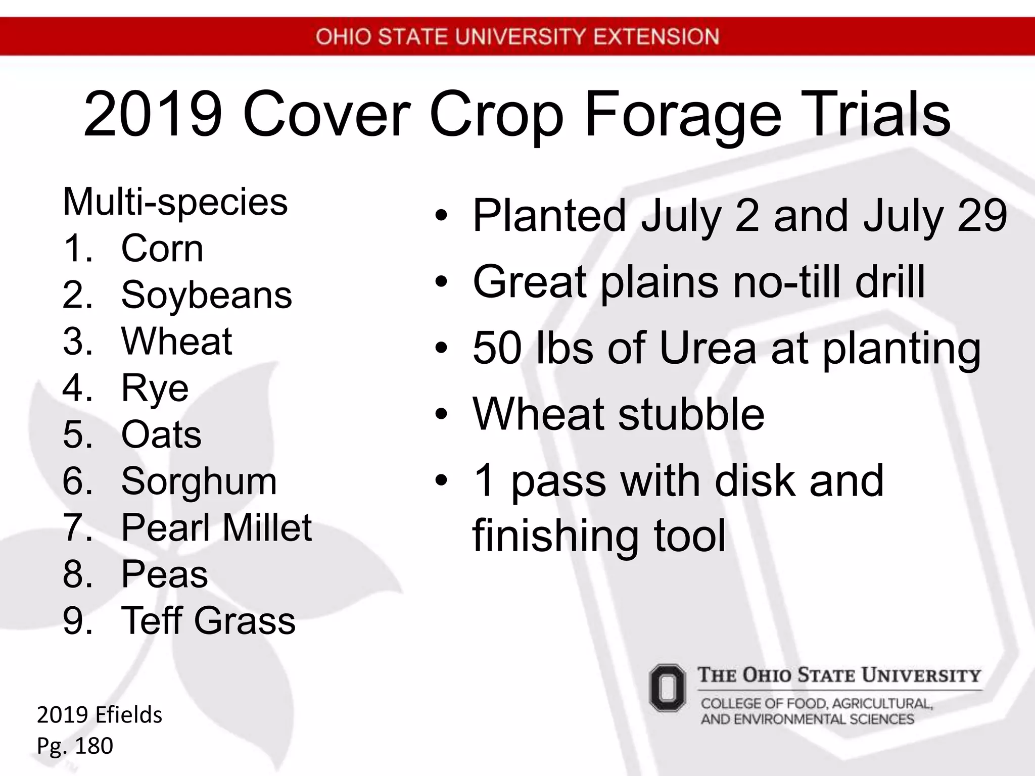 2019 Cover Crop Forage Trials
Multi-species
1. Corn
2. Soybeans
3. Wheat
4. Rye
5. Oats
6. Sorghum
7. Pearl Millet
8. Peas
9. Teff Grass
• Planted July 2 and July 29
• Great plains no-till drill
• 50 lbs of Urea at planting
• Wheat stubble
• 1 pass with disk and
finishing tool
2019 Efields
Pg. 180
 