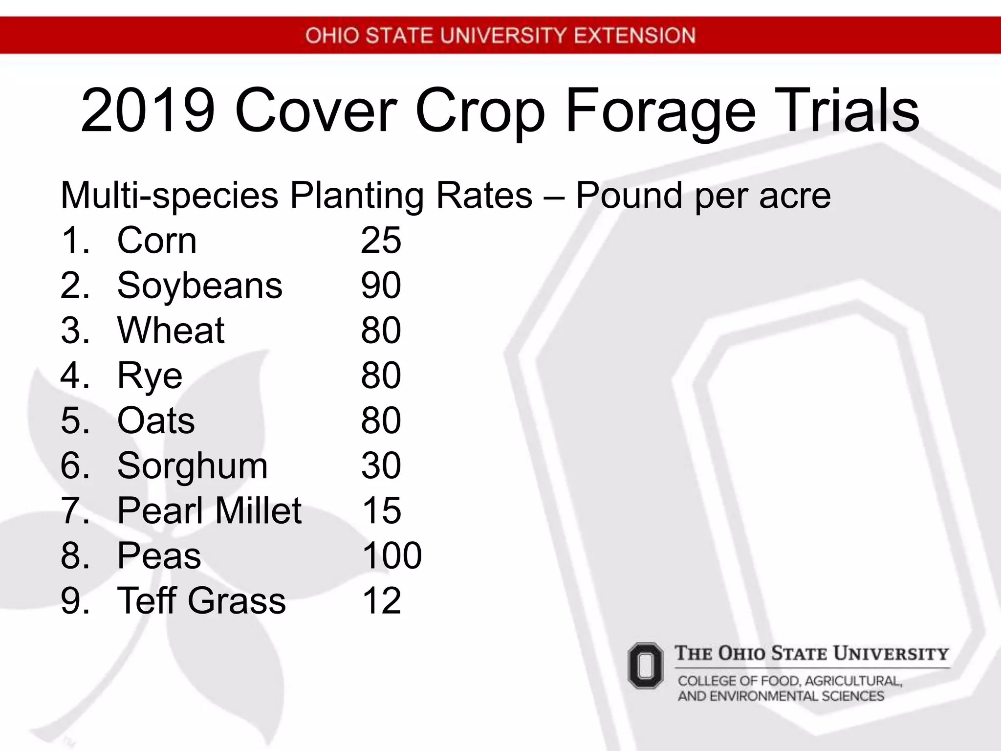 2019 Cover Crop Forage Trials
Multi-species Planting Rates – Pound per acre
1. Corn 25
2. Soybeans 90
3. Wheat 80
4. Rye 80
5. Oats 80
6. Sorghum 30
7. Pearl Millet 15
8. Peas 100
9. Teff Grass 12
 