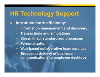 HR Technology Support
● Introduce more efficiency:
− Information management and discovery
− Transactions and simulations
− Streamlined, standardized processes
− Personalization
− Web-based collaborative team services
− Broadcast delivery of business
communications to employee desktops
 
