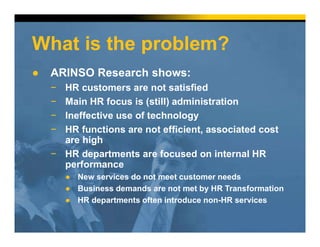 What is the problem?
● ARINSO Research shows:
− HR customers are not satisfied
− Main HR focus is (still) administration
− Ineffective use of technology
− HR functions are not efficient, associated cost
are high
− HR departments are focused on internal HR
performance
● New services do not meet customer needs
● Business demands are not met by HR Transformation
● HR departments often introduce non-HR services
 