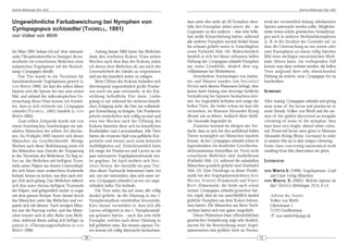 DeArGe Mitteilungen 8(5), 2003                                                                                                                                                       DeArGe Mitteilungen 8(5), 2003




Ungewöhnliche Farbabweichung bei Nymphen von                                                           dass unter den mehr als 20 Nymphen eben-               terial der vermeintlich bislang unbekannten
                                                                                                       falls drei Exemplare dabei waren, die – im             Spezies untersucht werden sollte. Möglicher-
Cyriopagopus schioedtei (THORELL, 1891)                                                                Gegensatz zu den anderen – eine sehr helle,            weise treten solche genetischen Veränderun-
von Volker von Wirth                                                                                   fast weiße Körperfärbung hatten, während               gen auch in anderen Merkmalskomplexen
                                                                                                       alle anderen Nymphen normal dunkel braun               (z. B. in der Struktur der Genitale) auf, so
                                                                                                       bis schwarz gefärbt waren (s. Umschlagfoto             dass die Untersuchung an nur einem oder
Im März 2001 bekam ich auf dem internatio-               Anfang Januar 2003 baute das Weibchen         sowie Farbtafel Abb. 10). Wahrscheinlich               zwei Exemplaren zu einem völlig falschen
nalen Theraphosidentreffen in Stuttgart-Korn-        dann den ersehnten Kokon. Etwa sieben             handelt es sich bei dieser seltsamen hellen            Bild eines wichtigen taxonomischen Merk-
westheim ein erwachsenes Weibchen einer              Wochen nach dem Bau des Kokons nahm               Färbung der Cyriopagopus schioedtei Nymphen            mals führen kann. Im vorliegenden Fall
malayischen Vogelspinne mit der Bezeich-             ich diesen dem Weibchen ab, um mich der           um einen Gendefekt, ähnlich dem sog.                   könnte man dazu verleitet werden, die hellen
nung »Cyriopagopus thorelli«.                        Unversehrtheit des Inhalts zu vergewissern        »Albinismus« bei Wirbeltieren.                         Tiere aufgrund ihrer sehr abweichenden
    Das Tier wurde in ein Terrarium für              und um ihn künstlich weiter zu zeitigen.              Verschiedene Arachnologen von Institu-             Färbung als weitere, neue Cyriopagopus Art zu
baumbewohnende Vogelspinnen gesetzt (s.                  Beim Öffnen des Kokons befanden sich          ten und Museen wurden von S IEGFRIED                   beschreiben.
VON WIRTH 1996). Im Juni des selben Jahres           überwiegend ungewöhnlich große Praelar-           HUBER nach diesem Phänomen befragt, aber
häutete sich die Spinne bei mir zum ersten           ven sowie ein paar vereinzelte, in der Ent-       keiner hatte bislang eine derartige farbliche          SUMMARY:
Mal, und anhand der mikroskopischen Un-              wicklung befindliche Eier darin. Leider           Veränderung bei Spinnen beobachten kön-
tersuchung dieser Haut konnte ich feststel-          gelang es mir während der weiteren künstli-       nen. Im Augenblick befinden sich einige der            After mating Cyriopagopus schioedtei and giving
len, dass es sich vielmehr um Cyriopagopus           chen Zeitigung nicht, die Eier zur vollständi-    hellen Tiere, die leider schon im Juni alle            away some of the larvae and praelarvae to
schioedtei (T HORELL , 1891) handelt (s. VON         gen Entwicklung zu bringen. Die Praelarven        verstarben, im Museum Alexander König                  some friends, Volker von Wirth and the ow-
WIRTH 2002).                                         jedoch entwickelten sich völlig normal und        (Bonn) um zu klären, wodurch diese farbli-             ners of the spiders discovered an irregular
    Zum selben Zeitpunkt wurde mir von               etwa vier Wochen nach der Öffnung des             che Anomalie begründet ist.                            colouring of some of the nymphae: they
einem französischen Arachnologen ein sub-            Kokons häuteten diese sich im künstlichen             Zunächst bestand im übrigen der Ver-               have been very bright, almost white colou-
adultes Männchen der selben Art überlas-             Brutbehälter zum Larvenstadium. Alle Tiere        dacht, dass es sich bei den auffallend hellen          red. Preserved larvae were given to Museum
sen. Im Frühjahr 2002 häutete sich dieses            hatten die erwartete blaß rosa-gelbliche Kör-     Tieren womöglich um Männchen handeln                   Alexander König (Bonn, Germany) in order
Männchen zur Geschlechtsreife. Wenige                perfarbe und wiesen auch sonst keinerlei          könnte, da bei Cyriopagopus schioedtei schon in        to analyse this up to date unique colouring.
Wochen nach dieser Reifehäutung setzte ich           Auffälligkeiten auf. Zwischenzeitlich hatte       Jugendstadien ein deutlicher Geschlechts-              Some clues concerning taxonomical work
das Männchen zum Zwecke der Verpaarung               ich einige der Praelarven und Larven an ein       dichromatismus feststellbar ist: Noch nicht            resulting from this observation are given.
in das Terrarium des Weibchens. Es fing so-          paar interessierte Vogelspinnenfreunde wei-       erwachsene Weibchen sind dunkelbraun
fort an, das Weibchen mit heftigem Trom-             ter gegeben. Im April meldete sich S IEG -        (Farbtafel Abb. 11), während die subadulten            LITERATUR:
meln seiner Palpen aus dessen Unterschlupf,          FRIED H UBER , der ebenfalls ein paar Tier-       Männchen grünlich gefärbt sind (Farbtafel
der sich hinter einer senkrechten Korkrinde          chen dieser Nachzucht bekommen hatte, bei         Abb. 12). Eine Nachfrage zu dieser Proble-             VON WIRTH,V. (1996): Vogelspinnen. Gräfe
befand, heraus zu locken, was ihm nach eini-         mir, um mir mitzuteilen, dass sich unter sei-     matik bei den Vogelspinnenzüchtern JEAN                  und Unzer Verlag, München
ger Zeit auch gelang. Das Weibchen näherte           nen Cyriopagopus schioedtei Larven ein unge-      M ICHEL V ERDEZ (Frankreich) und S ÖREN                VON W IRTH , V. (2002): Welche Spinne ist
sich ihm unter ebenso heftigem Trommeln              wöhnlich helles Tier befände.                     R AFN (Dänemark), die beide auch schon                   das? DeArGe Mitteilungen, 7(11), 6-13
der Palpen, und gelegentlich zuckte es sogar             Die Tiere seien, bis auf eines, alle völlig   einmal Cyriopagopus schioedtei gezüchtet hat-
mit dem ganzen Körper. Kurz darauf kroch             dunkel gefärbt, da die Häutung in das 1.          ten, ergab, dass sie nur ausschließlich dunkel            Adresse des Autors:
das Männchen unter das Weibchen und ver-             Nymphenstadium unmittelbar bevorstehe.            gefärbte Nymphen aus dem Kokon bekom-                     Volker von Wirth
paarte sich mit diesem. Nach wenigen Minu-           Kurz darauf vermeldete er, dass sich alle         men hatten. Die Männchen aus ihren Nach-                  Lilienstrasse 1
ten war die Paarung vorbei, und das Männ-            Larven erfolgreich in das 1. Nymphenstadi-        zuchten hatten sich erst später umgefärbt.                71723 Großbottwar
chen trennte sich in aller Ruhe vom Weib-            um gehäutet hätten – auch das sehr helle              Dieses Phänomen einer offensichtlichen                ! von-wirth@dearge.de
chen, während dieses anfing sich heftigst zu         Exemplar, welches nach dieser Häutung so          genetischen Veränderung zeigt sehr deutlich,
putzen (s. »Übersprungsverhalten« in VON             hell geblieben wäre. Bei meinen eigenen Tie-      warum für die Beschreibung neuer Vogel-
WIRTH 1996).                                         ren konnte ich völlig überrascht beobachten,      spinnenarten eine größere Serie an Tierma-
                                                30                                                                                                       31
 