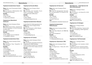 DeArGe Mitteilungen 8(5), 2003                                                                                                                                          DeArGe Mitteilungen 8(5), 2003
                                 Stammtische                                                                                       Stammtische
Vogelspinnenstammtisch Kassel                    Vogelspinnenfreunde Mainz                      Vogelspinnen IG Hannover                           BerlinSpinnen – Vogel-Spinnen AG
                                                                                                                                                   Berlin-Brandenburg
Wann: jeden ersten Donnerstag im Monat           Wann: jeden ersten Freitag im Monat            Wann: jeden ersten Sonntag im Monat
ab 20:00 Uhr                                     um 19:00 Uhr                                   ab 16:00 Uhr                                       Wann: jeden 2. Samstag im Monat
Wo: im »Limerick«, Wilhelmshöher Allee           Wo: Gaststätte »Zur Turnhalle« Turner-         Wo: in der VFL-Sportgaststätte »Sportanla-         ab 15:00 Uhr
116 (Haltestelle Kirchweg).                      straße 31, 55120 Mainz - Mombach               ge«, Am Moritzwinkel 12 in Hannover-Her-           Wo: im Paulaner’s, Alt-Moabit 98, 10559
Kontakt:                                         Gäste sind herzlich willkommen!                renhausen                                          Berlin-Tiergarten
Balint Földesi                                   Kontakt:                                       Kontakt:                                           Kontakt:
℡ 0561-7014961                                   Klaus Straka                                   Marc Voßkämper                                     Hagen Dreischhoff
! balint@rear-window.de                          ℡ 06131-686304                                 ℡ 0511-2151311                                     ℡ 0170-2749133
                                                 ! brachypelmaklaus@aol.com                     ! vossk77@aol.com                                  ! hagen@von-tronje.de
Vogelspinnen-Stammtisch                                                                         Info:                                              Info: www.berlinspinnen.de
Dortmund                                         Vogelspinnenstammtisch Münster                 www.vogelspinnen-stammtisch-hannover.de
                                                                                                                                                   Vogelspinnen IG Stuttgart
Wann: jeden letzten Samstag im Monat             Lustige Runde für Erfahrungsaustausch etc.     Vogelspinnenstammtisch
ab 18:00 Uhr                                     Wann: jeden vierten Freitag im Monat           Waltershausen                                      Wann: jeden 4. Freitag im Monat
Wo: Wilhelm Busch Stuben, Chemnitzerstr.         ab 20:00 Uhr                                                                                      ab 20:00 Uhr
65 (Ecke Saarlandstr.) in 44139 Dortmund,        Wo: in der Dechaneistr. in 48145 Münster       Wann: jeden letzten Sonntag im Monat               Wo: SKV-Heim Eglosheim, Tammerstraße
im kleinen Saal.                                 Bitte vorher kontaktieren!                     ab 18:00 Uhr                                       30, 71634 Ludwigsburg, Stadteil Eglosheim
Bitte vorher kontaktieren!                       Kontakt:                                       Wo: in der Clara-Zetkin-Str. 46, 99880 Wal-        Kontakt:
Kontakt:                                         Andreas Halbig                                 tershausen                                         Michael Lang
Kerstin Wandtke                                  ℡ 02382-61277                                  Bitte vorher kontaktieren!                         ℡ 07146-891529
℡ 0231-2069424 oder 0173-8943105                 ! andreashalbig@gmx.de                         Kontakt:                                           ! nuschel123@aol.com
! Livia2000@t-online.de                                                                         Stephan Martini                                    Info: www.vogelspinnen-ig.de
                                                 Vogelspinnen IG Franken                        ℡ 03622-401690
Vogelspinnenstammtisch Ruhr                                                                     ! VSStammtischWh@aol.com                           Vogelspinnen-Treff Darmstadt
                                                 Wann: jeden zweiten Samstag im Monat
Wann: jeden zweiten Samstag im Monat             ab 19:00 Uhr                                   Vogelspinnen Stammtisch OWL                        Wann: jeden 2. Samstag im Monat
ab 18:00 Uhr                                     Wo: »Griechisches Speiselokal Hasenbuck«,                                                         ab 19:00 Uhr
Wo: Stammhaus Fiege, Bongardstr. 23,             Gugelstrasse 93, 90459 Nürnberg;               Wann: jeden ersten Samstag im Monat                Wo: in Arheilgen in der Gaststätte »Arheil-
44787 Bochum                                     Jeweils im hinteren Bereich der Gaststätte     ab 19:00 Uhr                                       ger Mühlchen«
Kontakte:                                        sind Tische für die VSIG Franken reserviert.   Wo: im »Kegelcenter«, Triften 88, 32791            Eingeladen sind alle Vogelspinnenhalter, -
Thomas Riewe                                     Kontakt:                                       Lage                                               züchter und die, die es noch werden möch-
℡ 0178-6696662                                   Michael Breitschwerdt                          Kontakte:                                          ten.
! tommes667@arcor.de                             ℡ 0911-4187678                                 Stephen Keeling                                    Kontakt:
Thorsten Richter                                 ! spidermike@vsig-franken.de                   ℡ 05232-702879                                     Jochen
℡ 0173-5200533                                   Dietmar Baumgarte                              ! stephen@keeling.de                               ℡ 06151-377426
! richter@die-netzwerker.de                      ℡ 0911-8156100                                 Marc Schormann                                     ! kontakt@vogelspinnen-treff.de
Info: www.vogelspinnenstammtisch-ruhr.de         ! graf@vsig-franken.de                         ℡ 05261-288650                                     Claus Döringer
                                                 Info: www.vsig-franken.de                      ! avicularia@teleos-web.de                         ℡ 06209-79127
                                                                                                Info: www.vogelspinnen-stammtisch-owl.de           ! clausdoeringer@aol.com
                                                                                                                                                   Info: www.vogelspinnen-treff.de

                                            36                                                                                                37
 