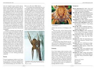 DeArGe Mitteilungen 8(6), 2003                                                                                                                                                                   DeArGe Mitteilungen 8(6), 2003



weit wie möglich empor streckt und ge-                WOLFGANG BÜCHERL (1962) zitieren:                                                                                    LITERATUR
spreizt nach oben hält (Farbtafel Abb. 4).                 »Es ist bekannt das die Phoneutria fera, die
Dieser Anblick dürfte vielen Vogelspinnen-            ich als giftigste Spinne der Welt bezeichnen möchte,                                                                 BARTH , F RIEDRICH G. (2001): Sinne und
haltern nicht unbekannt sein, denn so man-            uns Menschen gegenüber gar keine Furchthemmun-                                                                          Verhalten aus dem Leben einer Spinne.
che Vogelspinne nimmt eine ganz ähnliche              gen zeigt, sondern sich trotzig und drohend zum                                                                         Springer Verlag, Berlin, Heidelberg
Abwehrhaltung ein wenn sie beunruhigt                 Angriff stellt, gar nicht an ein Fortlaufen und Flie-                                                                BÜCHERL, W. (1996): Südamerikanische Vo-
wird. Phoneutria allerdings unterstreicht diese       hen denkend, und uns anspringt. In einer Nacht                                                                          gelspinnen. Neue Brehm Bücherei Band
Reaktion noch indem sie wiegend ihren                 und in demselben Bett, hat eine vor einigen Monaten                                                                     302, Westarp Wissenschaften, Magdeburg
Körper hin und her bewegt und dabei auf               in der Nähe von Santos zwei Kleinkinder, zwei                                                                        FOELIX, R. F. (1992): Biologie der Spinnen.
jede Bewegung ihres Gegenübers achtet. Es             Brüderchen, getötet. Die große Vogelspinne ander-                                                                       Georg Thieme-Verlag, Stuttgart
gibt Berichte wonach sie sich auch auf der            seits benimmt sich gegen uns gemächlich, fast unbe-                                                                  HABERMEHL, G. (1994): Gifttiere und ihre
Stelle im Kreise dreht und dabei in so starke         holfen, läßt sich anfassen und macht sich gar nicht                                                                     Waffen. Springer Verlag, Berlin,Heidelberg
Erregung gerät, das aus ihren weit gespreitz-         einmal die Mühe, sich schnell zurückzuziehen. Die-                                                                   JUNGHANS, TH. & M. BODIO (1996): Not-
ten Chelizeren Gift heraustritt. Im Gegen-            ses Gemächliche verwandelt sich jedoch plötzlich,                                                                       fall Handbuch Gifttiere. Georg Thieme
satz zu den meisten Vogelspinnen ist Phoneu-          und jene ‘Frechheit’ wird zur schmählichen ‘Feig-               Ancylometes cf. bogotensis
                                                                                                                      Foto: Ingo Wendt
                                                                                                                                                                              Verlag, Stuttgart
tria auch bereit im Sprung einen Störenfried          heit’, wenn sich beide gegenüberstehen. Wie ein                                                                      KUNZE, M. (1996): Gefährliche Spinnen –
direkt anzugreifen und sofort blitzschnell            Raubtier springt die Vogelspinne los, wie ein kleiner          nehmen, ohne auch nur an Verteidigung zu den-            Eine aktuelle Zusammenfassung. Arach-
zuzubeißen.                                           Wicht versucht die Phoneutria schnell Reißaus zu               ken.«                                                    nologisches Magazin 4(9): 1-13.
     Obwohl es scheinbar auch Tiere gibt, die                                                                             Wie man sieht, scheint Phoneutria dem            MEIER, J. & J. WHITE (1995): Handbook
sich im Terrarium weit friedlicher verhalten                                                                         Menschen gegenüber weit weniger Respekt                  of the clinical Toxicology of Animal
als in freier Wildbahn ist also Vorsicht gebo-                                                                       zu haben als zu so manch anderer Spinne.                 Venoms and Poisons. CRC Press, Florida
ten, wenn man mit dem Gedanken spielt                                                                                Ob es ihr wohl bewußt ist das sie für Homo            PLATNICK, N. I. (2003): The World Spider
sich eine Phoneutria als Haustier zu halten.                                                                         sapiens eine Gefahr darstellen kann? Wohl                Catalog. V3.5. Amer. Mus. Nat. Hist.,
Sie sind aufgrund ihrer Schnelligkeit wohl                                                                           nicht, aber die Frage ob eine Haltung dieser             New York
immer in der Lage auch den erfahrensten                                                                              Tiere zu rechtfertigen und zu verantworten            SCHMIDT, G. (1970): Die Spinnenfauna der
Pfleger zu überraschen. Man sollte auch                                                                              ist bleibt offen.                                        importierten Bananen. Deutsches Ärzte-
bedenken dass im Falle eines Entkommens                                                                                   Vielleicht kann dieser Bericht ein An-              blatt 6: 3106
aus dem Behälter dritte Personen erheblich                                                                           sporn sein diese Fragestellung in ein Diskus-         S CHMIDT, G. (1971): Mit Bananen einge-
gefährdet sein können (vor allem Kinder)                                                                             sionsthema zu verwandeln. Ich denke es                   schleppte Spinnen. Zool. Beiträge 17: 387
und dass im Falle eines Unfalls die rechtli-                                                                         lohnt sich darüber nachzudenken.                      SCHMIDT, G. (1984): Spinnen. Albrecht Phil-
chen Folgen immens sein können. Auch                                                                                                                                          ler Verlag, Minden
besteht in einigen Bundesländern ein abso-                                                                           SUMMARY:                                              S CHMIDT, G. (1987): Wie gefährlich sind
lutes Haltungsverbot für diese Giftspinnen,                                                                                                                                   Spinnenbißvergiftungen wirklich ? Natur
so dass es ratsam ist sich vorher darüber zu                                                                         JOHN OSMANI gives a short overview on the                und Museum 117 (7)
erkundigen ob eine Haltung überhaupt                                                                                 valid species of Phoneutria and their natural         SCHMIDT, G. (2000): Giftige und gefährli-
erlaubt ist.                                                                                                         habitat habitat. Additionally, he gives some             che Spinnentiere. Neue Brehm Bücherei
                                                                                                                     hints concerning the confusion of Pho-                   Band 608, Westarp Wissenschaften, Magde-
FEINDE                                                                                                               neutria, Ctenus, Cupiennius and Ancylometes.             burg
                                                                                                                     Finally, the poison of Phoneutria is discussed
Gerade Vogelspinnen zählen in der Natur                                                                              and connected with the agressive behaviour               Adresse des Autors:
zu den größten Feinden der gefährlichen                Ancylometes sp., eine von vielen Spinnenarten die bei Un-     of Phoneutria, which to the interesting questi-          John Osmani
»Kammspinnen«. Ich möchte deshalb in die-              kenntins leicht mit Phoneutria spp. verwechselt werden kön-
                                                       nen.
                                                                                                                     on concerning the sense or nonsense of                   Dürerstr. 1
sem Zusammenhang aus dem Werk von                      Foto: John Osmani                                             keeping Phoneutria at home.                              50226 Frechen
                                                  6                                                                                                                    7
 