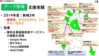 支援実績
• 2019年度：新規3市
– 飯塚市、宮崎県串間市、北九
州市八幡東区
• 効果
– 国内主要経路検索サービスへ
の掲載を実現
• Google Maps
• 駅すぱあと
• Yahoo!路線情報
• NAVITIME
18
データ整備
 