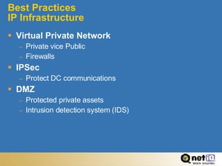 Best Practices IP Infrastructure Virtual Private Network Private vice Public Firewalls IPSec Protect DC communications DMZ Protected private assets Intrusion detection system (IDS) 