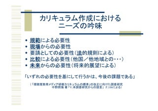 カリキュラム作成における
           ニーズの吟味
   規範による必要性
   現場からの必要性
   要請としての必要性（法的規則による）
   比較による必要性（他国／他地域との・・・）
   未来からの必要性（将来的展望による）

「いずれの必要性を基にして行うかは、今後の課題である」
    （ 「視聴覚教育メディア研修カリキュラムの標準」の改正に向けた調査研究
             中野照海 著 「V.本調査研究からの提言」 P.106による）
 