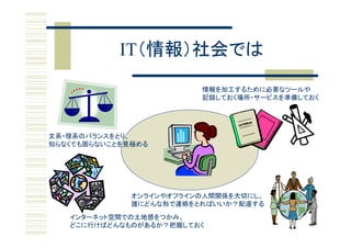 IT（情報）社会では
                         情報を加工するために必要なツールや
                         記録しておく場所・サービスを準備しておく
                         記録しておく場所 サ ビスを準備しておく




文系・理系のバランスをとり、
知らなくても困らないことを見極める




              オンラインやオフラインの人間関係を大切にし、
              誰にどんな形で連絡をとればいいか？配慮する
   インターネット空間での土地感をつかみ、
   どこに行けばどんなものがあるか？把握しておく
 