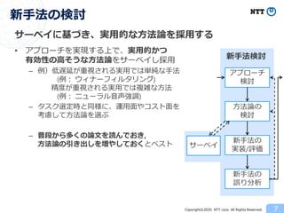 Copyright©2020 NTT corp. All Rights Reserved.
サーベイに基づき、実用的な方法論を採用する
• アプローチを実現する上で、実用的かつ
有効性の高そうな方法論をサーベイし採用
– 例）低遅延が重視される実用では単純な手法
(例： ウィナーフィルタリング)
精度が重視される実用では複雑な方法
(例： ニューラル音声強調)
– タスク選定時と同様に、運用面やコスト面を
考慮して方法論を選ぶ
– 普段から多くの論文を読んでおき,
方法論の引き出しを増やしておくとベスト
7
新手法の検討
アプローチ
検討
新手法の
実装/評価
新手法の
誤り分析
方法論の
検討
サーベイ
新手法検討
 