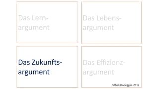 Das Lern-
argument
Das Lebens-
argument
Das Zukunfts-
argument
Das Effizienz-
argument
Döbeli Honegger, 2017
 
