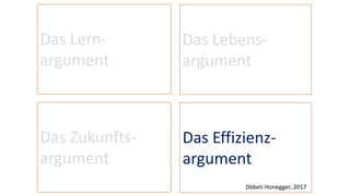 Das Lern-
argument
Das Lebens-
argument
Das Zukunfts-
argument
Das Effizienz-
argument
Döbeli Honegger, 2017
 