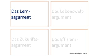 Das Lern-
argument
Das Lebenswelt-
argument
Das Zukunfts-
argument
Das Effizienz-
argument
Döbeli Honegger, 2017
 