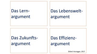 Das Lern-
argument
Das Lebenswelt-
argument
Das Zukunfts-
argument
Das Effizienz-
argument
Döbeli Honegger, 2017
 