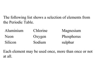 The following list shows a selection of elements from the Periodic Table. Each element may be used once, more than once or not at all. Aluminium Chlorine Magnesium  Neon Oxygen Phosphorus Silicon Sodium sulphur 