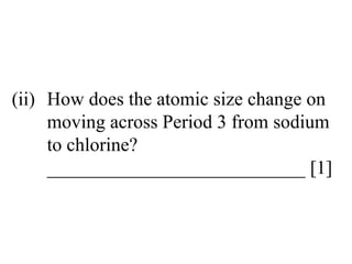 (ii) How does the atomic size change on  moving across Period 3 from sodium  to chlorine? ___________________________ [1] 