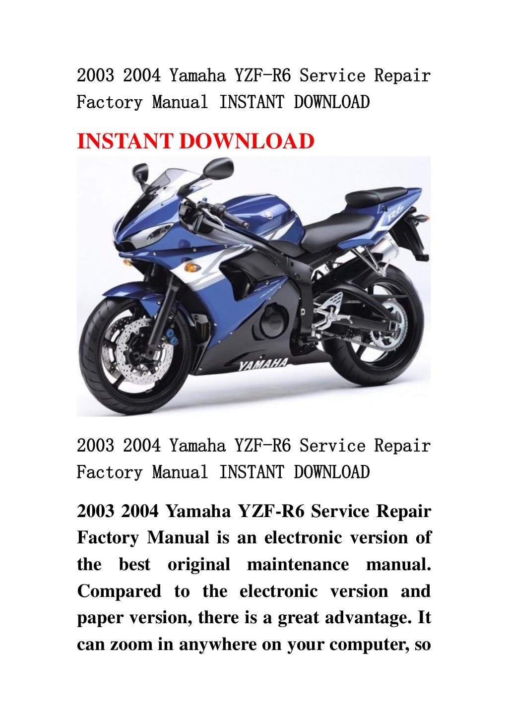 2003 2004 yamaha yzf r6 service repair factory manual instant download