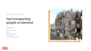 13
MAIN JOB-TO-BE-DONE
Fast transporting
people on demand
Shit on the road
Slow
Not comfortable
Limited reach
Lots of maintenance
PROBLEMS
 