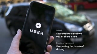 18
Let someone else drive
you or share a ride
Solution:
Direction of improvement:
Decreasing the hassle of
driving
 