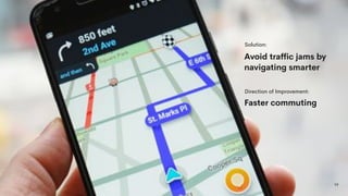 19
Faster commuting
Direction of Improvement:
Avoid traffic jams by
navigating smarter
Solution:
 