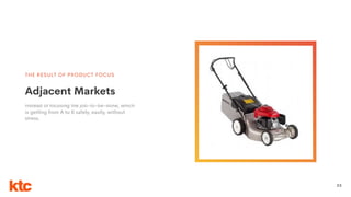 23
THE RESULT OF PRODUCT FOCUS
Instead of focusing the job-to-be-done, which
is getting from A to B safely, easily, without
stress.
Adjacent Markets
 