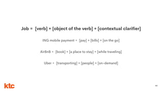 42
Job = [verb] + [object of the verb] + [contextual clarifier]
ING mobile payment = [pay] + [bills] + [on the go]
AirBnB = [book] + [a place to stay] + [while traveling]
Uber = [transporting] + [people] + [on-demand]
 