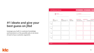 63
Date:Group name:Designed for:Job Statement Canvas
Designed for ktc. This work is part of a NonCommercial-ShareAlike 4.0 International (CC BY-NC-SA 4.0) license.
Verb
What is the customer
trying to do?
Product:
The product/service are you analyzing
Customer:
Who are using your product/service? Demographics, habits, distinctive traits
Object
To what object is the customer
trying to do the verb?
Context
The context is a
clariﬁer modiﬁer
Functional Goal
Priority
Direction of improvement:
Minimize, eliminate, increase, create, other
Emotional Goal
+
Social Goal
Priority
Priority
Priority
Unit of measure/ customer value
Time, likelihood,frequency, risk, amou
#1 ideate and give your
best guess on jtbd
Leverage your built-in customer knowledge
and brainstorm on the possible jobs to be done
of each of your customer segments.
 