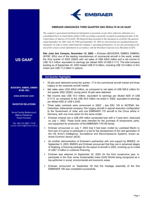 EMBRAER ANNOUNCES THIRD QUARTER 2003 RESULTS IN US GAAP

                                    The company's operational and financial information is presented, except where otherwise indicated, on a
                                    consolidated basis in United States dollars (US$) according to generally accepted accounting principles in the
                                    United States of America (US GAAP). The financial data presented in this document as of and for the quarters
                                    ended September 30, 2003, June 30, 2003 and September 30, 2002 are derived from our unaudited financial
                                    statements. In order to better understand the Company’s operating performance, we are also presenting at the
                                    end of this release certain information in accordance with the Brazilian Corporate Law (Brazilian GAAP).

                                    São José dos Campos, November 13, 2003 – Embraer (BOVESPA: EMBR3, EMBR4)
                                    (NYSE: ERJ) one of the leading manufacturers of commercial aircraft in the world, ended
     US GAAP                        the third quarter of 2003 (3Q03) with net sales of US$ 438.6 million and a net income of
                                    US$ 19.3 million equivalent to earnings per diluted ADS of US$ 0.1113. The total company
                                    backlog as of September 30, 2003 totaled US$ 27.6 billion, including US$ 10.4 billion in firm
                                    orders and US$ 17.2 billion in options.


                                        3rd Quarter Highlights

                                    •     20 jets were delivered during the quarter, 17 to the commercial aircraft market and three
                                          Legacy to the corporate aircraft market.
BOVESPA: EMBR3, EMBR4
      NYSE: ERJ                     •     Net sales were US $ 438.6 million, as compared to net sales of US$ 580.6 million for
                                          3rd quarter 2002 (3Q02), during which 30 jets were delivered.
    www.embraer.com                 •     Net income was US$ 19.3 million, equivalent to earnings per diluted ADS of US$
                                          0.1113, as compared to the US$ 40.6 million rec orded in 3Q02, equivalent to earnings
                                          per diluted ADS of US$ 0.2340.
  INVESTOR RELATIONS
                                    •     Three sales contracts were announced in 3Q03 - two ERJ 145 to SATENA, the
                                          Colombian state-owned company; five Legacy aircraft in special executive configuration
                                          to the Government of India, and one EMBRAER 170 aircraft to the Cirrus airline in
 Anna Cecilia Bettencourt
    Milene Petrelluzzi                    Germany, with one more option for the same model.
     Paulo Ferreira                  •    Embraer entered into a US$ 200 million syndicated loan with a 7-year term, disbursed
                                          on July 1, 2003. These funds were intended for the purchase of components, parts,
  Tel: (55 12) 3927 1216                  and equipment for production of the EMBRAER 170/190 family.
investor.relations@embraer.com.br
                                     •    Embraer announced on July 7, 2003 that it had been invited by Lockheed Martin to
                                          form part of a group to participate in a bid for the development of the next generation of
                                          the US Army’s Intelligence, Surveillance and Reconnaissance Systems, known as
                                          Aerial Common Sensor (ACS).
                                     •    As another demonstration of Embraer’s partnership with and support by BNDES, on
                                          September 5, 2003, BNDES and Embraer announced that they are in advanced stages
                                          of finalizing a financing package for the export of aircraft in 2003, involving up to a total
                                          of US$ 1.0 billion in customer financing.
                                     •    Embraer was selected on September 24, 2003, for the third consecutive year, to
                                          participate in the Dow Jones Sustainability Index (DJSI World) being recognized as a
                                          top performer in social, environmental and economic areas.

                                     •    Embraer announced on September 29 that the fuselage assembly of the first
                                          EMBRAER 190 was completed successfully.




                                                                                                                                           Page 1
 