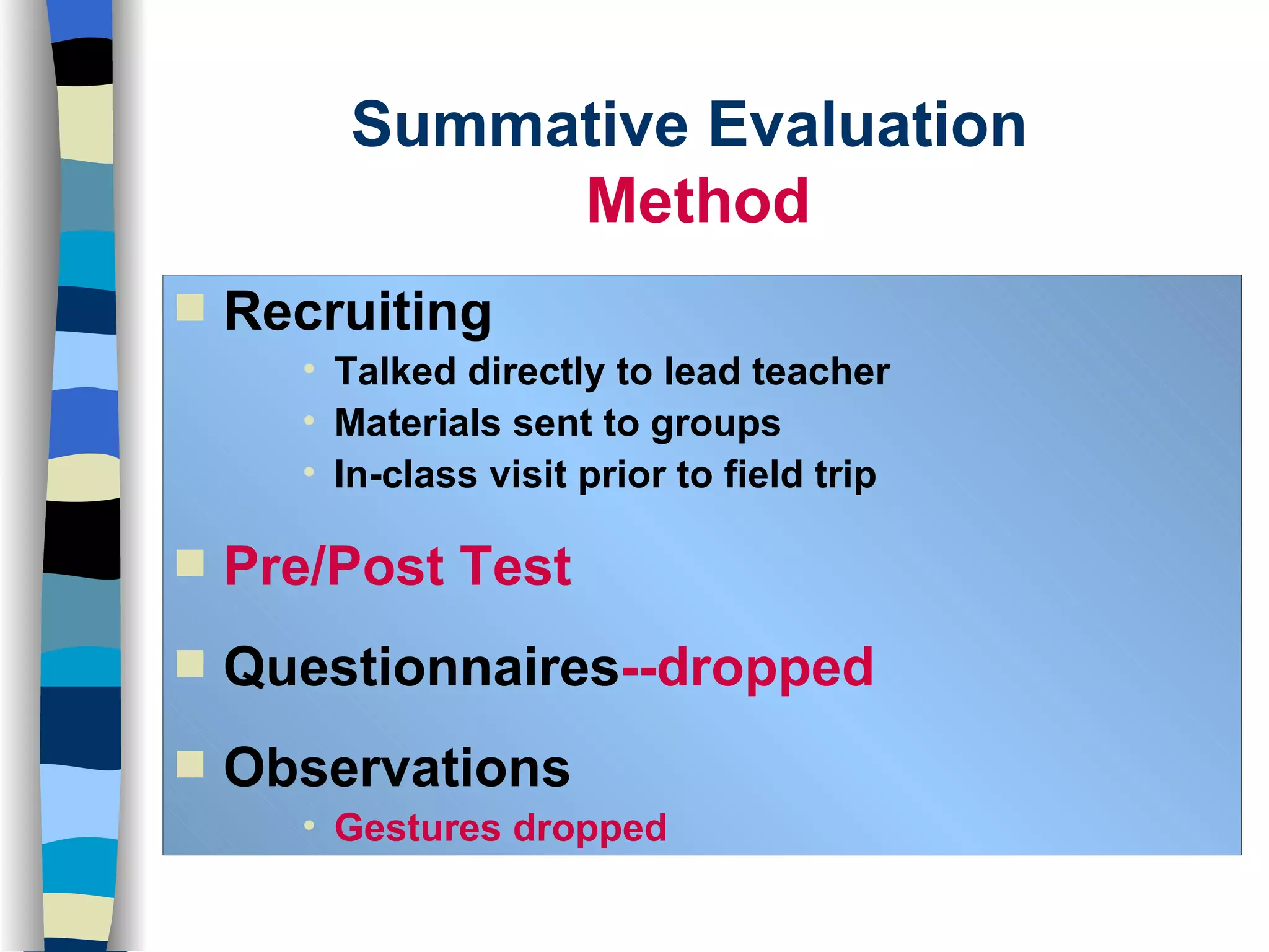 Summative Evaluation  Method Recruiting Talked directly to lead teacher Materials sent to groups In-class visit prior to field trip Pre/Post Test Questionnaires --dropped Observations Gestures dropped 