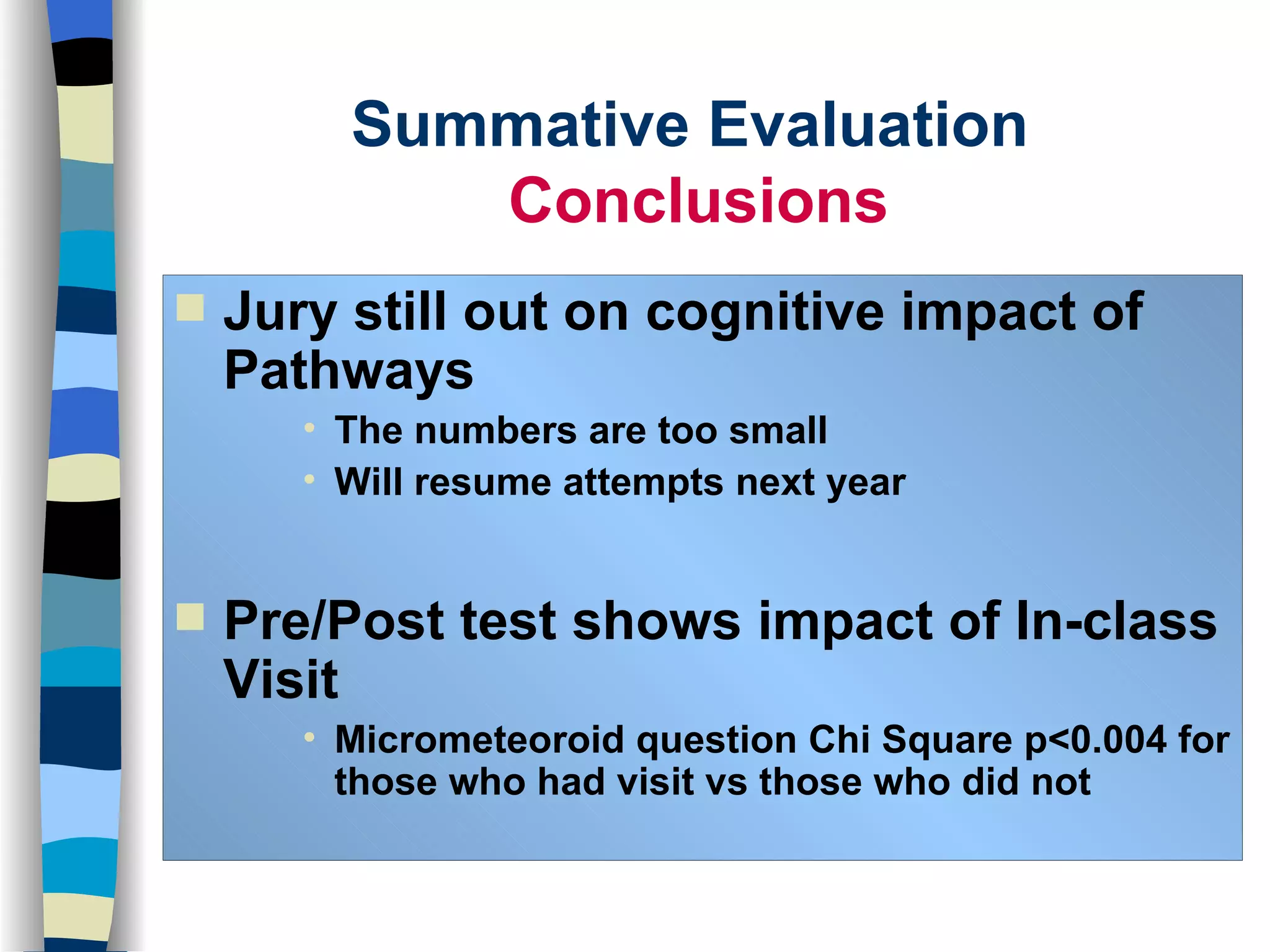 Summative Evaluation  Conclusions Jury still out on cognitive impact of Pathways The numbers are too small Will resume attempts next year Pre/Post test shows impact of In-class Visit Micrometeoroid question Chi Square p<0.004 for those who had visit vs those who did not 