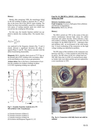 10-13
History:
Shortly after energizing 1999, the transformer failed
in the HV-winding of phase U between the 2nd
and 3rd
disc at the lower end of the 500 kV main winding. The
failure has been most probably caused by a foreign par-
ticle (piece of sealing material, paint etc) which was
moved into the winding by OD-cooling.
For this case, the transfer function method was ap-
plied to identify this winding effect. The transfer func-
tion:
was analyzed in the frequency domain (Fig. 7) and it
clearly showed a significant deviation for phase U
against Phase V and W. This clearly coincides with the
defect found during disassembly.
Diagnosis: DGA, interdisc short circuit at 2nd
/3rd
disc at
the ground side of HV winding with a secondary effect
of an axial flashover due to excess gas generation.
Actions taken: Due to the heavy contamination of car-
bon the complete set of phase windings on phase
U/LV/HV regulating winding was replaced.
Fig 7: Transfer Function Analysis of a 175
MVA/520 kV GSU Transformer
a) Transfer Function of Phase U
b) Transfer Function of Phase V
c) Transfer Function of Phase W
d) Excitation and Response Signals U1, U2
Case Nr. 11: 380 MVA-, 245 kV - GSU, manufac-
turing year 1968
Defective insulation system
Fault Symptom: Excessive fault gases from cellulosic
and thermal oil degradation
Detected by: DGA (A), DP (E)
History:
The DGA carried out 1991 in the course of the pre-
ventive maintenance showed high values for carbon
monoxide and carbon dioxide, which indicates a ther-
mal-oxidative cellulosic degradation. The ratio CO2/CO
was higher 10, the MSS Code 01132 – indicated a ther-
mal problem with an involvement of the solid insula-
tion. A local overheating of the connectors on the high
voltage winding was identified as problem.
The DP values of the insulation at the connectors was
between 150-250, i. e. It has reached its end of life (Fig
8a and b). The DP values on the low voltage lead was
500 -600. Since this is a GSU of a nuclear power plant
no further risks were taken and the unit was replaced by
a new transformer in 1993.
a)
b)
Fig. 8a, b : Connectors with fully burnt out solid in-
sulation
f
U2
U1
a.
b.
c.
)(
1
2
)( f
U
U
fT =
 