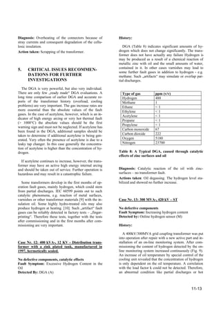 11-13
Diagnosis: Overheating of the connectors because of
stray currents and consequent degradation of the cellu-
losic insulation.
Action taken: Scrapping of the transformer.
5. CRITICAL ISSUES RECOMMEN-
DATIONS FOR FURTHER
INVESTIGATIONS
The DGA is very powerful, but also very individual.
There are only few „ready made“ DGA evaluations. A
long time comparison of earlier DGA and accurate re-
ports of the transformer history (overload, cooling
problems) are very important. The gas increase rates are
more essential than the absolute values of the fault
gases. In the case of acetylene, however, which is an in-
dicator of high energy arcing or very hot thermal fault
(> 1000°C) the absolute values should be the first
warning sign and must not be neglected. If acetylene has
been found in the DGA, additional samples should be
taken to determine if additional acetylene is being gen-
erated. Very often the presence of acetylene is due to a
leaky tap changer. In this case generally the concentra-
tion of acetylene is higher than the concentration of hy-
drogen.
If acetylene continues to increase, however, the trans-
former may have an active high energy internal arcing
and should be taken out of service. Further operation is
hazardous and may result in a catastrophic failure.
Some transformers develop in the first months of op-
eration fault gases, mainly hydrogen, which could stem
from partial discharges. IEC 60599 points out to such
catalytic phenomena, e.g. reaction of metal surfaces,
varnishes or other transformer materials [9] with the in-
sulation oil. Some highly hydro-treated oils may also
produce hydrogen at heating. [10]. Such „artifact“ fault
gases can be reliably detected in factory tests – „finger-
printing“. Therefore these tests, together with the tests
after commissioning and in the first months after com-
missioning are very important.
Case Nr. 12: 400 kVA-, 12 KV - Distribution trans-
former with a zink plated tank, manufactured in
1997, hermetically sealed.
No defective components, catalytic effects
Fault Symptom: Excessive Hydrogen Content in the
Oil
Detected By: DGA (A)
History:
DGA (Table 8) indicates significant amounts of hy-
drogen which does not change significantly. The trans-
former does not have actually any failure Hydrogen is
may be produced as a result of a chemical reaction of
metallic zinc with oil and the small amounts of water,
contained in it. In other cases varnishes may lead to
some further fault gases in addition to hydrogen - e.g.
methane. Such „artifacts“ may simulate or overlap par-
tial discharges.
Type of gas ppm (v/v)
Hydrogen 488
Methane 1
Ethane < 1
Ethylene < 1
Acetylene < 1
Propane < 1
Propylene < 1
Carbon monoxide 67
Carbon dioxide 222
Oxygen 5180
Nitrogen 23700
Table 8: A Typical DGA, caused through catalytic
effects of zinc surfaces and oil
Diagnosis: Catalytic reaction of the oil with zinc-
surfaces – no transformer fault.
Actions taken: Oil degassing. The hydrogen level sta-
bilized and showed no further increase.
Case Nr. 13: 300 MVA-, 420 kV – ST
No defective components
Fault Symptom: Increasing hydrogen content
Detected by: Online hydrogen sensor (M)
History:
A 400kV/300MVA grid coupling transformer was put
into operation after repair with a new active part and in-
stallation of an on-line monitoring system. After com-
missioning the content of hydrogen detected by the on-
line monitoring system increased continuously (Fig. 9).
An increase of oil temperature by special control of the
cooling unit revealed that the concentration of hydrogen
is only dependent on the oil temperature. A correlation
with the load factor k could not be detected. Therefore,
an abnormal condition like partial discharges or hot
 