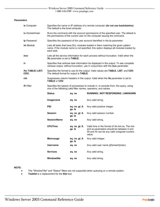 Parameters

         /s Computer             Specifies the name or IP address of a remote computer (do not use backslashes).
                                 The default is the local computer.

         /u DomainUser          Runs the command with the account permissions of the specified user. The default is
                                 the permissions of the current user on the computer issuing the command.

         /p Password             Specifies the password of the user account identified in the /u parameter.

         /m Module               Lists all tasks that have DLL modules loaded in them matching the given pattern
                                 name. If the module name is not specified, this option displays all modules loaded by
                                 each task.

         /svc                    Lists all the service information for each process without truncation. Valid when the
                                 /fo parameter is set to TABLE.

         /v                      Specifies that verbose task information be displayed in the output. To see complete
                                 verbose output, without truncation, use in conjunction with the /svc parameter.

         /fo{ TABLE| LIST|       Specifies the format to use for the output. Valid values are TABLE, LIST, and CSV.
         CSV}                    The default format for output is TABLE.

         /nh                     Suppresses column headers in the output. Valid when the /fo parameter is set to
                                 TABLE or CSV.

         /fi Filter              Specifies the type(s) of process(es) to include in, or exclude from, the query, using
                                 one of the following valid filter names, operators, and values:

                                 Status                eq, ne            RUNNING | NOT RESPONDING | UNKNOWN

                                 Imagename             eq, ne            Any valid string.

                                 PID                   eq, ne, gt, lt,   Any valid positive integer.
                                                       ge, le
                                 Session               eq, ne, gt, lt,   Any valid session number.
                                                       ge, le
                                 SessionName           eq, ne            Any valid string.

                                 CPUTime               eq, ne, gt, lt,   Valid time in the format of hh:mm:ss. The mm
                                                       ge, le            and ss parameters should be between 0 and
                                                                         59 and hh can be any valid unsigned numeric
                                                                         value.
                                 Memusage              eq, ne, gt, lt,   Any valid integer.
                                                       ge, le
                                 Username              eq, ne            Any valid user name ([Domain]User).

                                 Services              eq, ne            Any valid string.

                                 Windowtitle           eq, ne            Any valid string.


NOTE:
     •          The "WindowTitle" and "Status" filters are not supported when querying on a remote system.
     •          Tasklist is a replacement for the tlist tool.
 