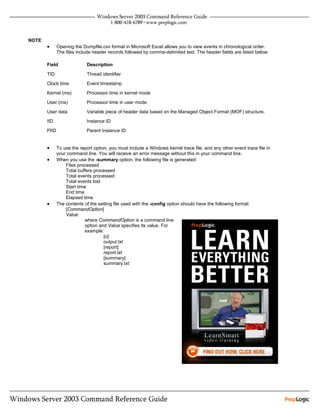 NOTE:
        •      Opening the Dumpfile.csv format in Microsoft Excel allows you to view events in chronological order.
               The files include header records followed by comma-delimited text. The header fields are listed below:

        Field                Description

        TID                  Thread identifier

        Clock time           Event timestamp

        Kernel (ms)          Processor time in kernel mode

        User (ms)            Processor time in user mode

        User data            Variable piece of header data based on the Managed Object Format (MOF) structure.

        IID                  Instance ID

        PIID                 Parent Instance ID


        •      To use the report option, you must include a Windows kernel trace file, and any other event trace file in
               your command line. You will receive an error message without this in your command line.
        •      When you use the -summary option, the following file is generated:
                   Files processed
                   Total buffers processed
                   Total events processed
                   Total events lost
                   Start time
                   End time
                   Elapsed time
        •      The contents of the setting file used with the -config option should have the following format:
                   [CommandOption]
                   Value
                            where CommandOption is a command line
                            option and Value specifies its value. For
                            example:
                                      [o]
                                      output.txt
                                      [report]
                                      report.txt
                                      [summary]
                                      summary.txt
 