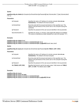 Syntax

pagefileconfig.vbs /delete [/s Computer [/u DomainUser [/p Password]]] /vo {VolumeLetter | *} [/vo {VolumeLetter2
| *} [...]]

Parameters

         /s Computer                   Specifies the name or IP address of a remote computer (do not use
                                       backslashes). The default is the local computer.

         /u DomainUser                Runs the script with the account permissions of the specified user. The
                                       default is the permissions of the current user on the computer issuing the
                                       command.
         /p Password                   Specifies the password of the user account identified in the /u parameter.

         /vo {VolumeLetter | *}        Specifies the volume, or volumes, of the paging file settings to be deleted.
                                       The volume is identified by a letter followed by a colon (for example, "C:").


Examples

pagefileconfig.vbs /delete /vo d:
pagefileconfig.vbs /delete /s srvmain /u maindomhiropln /vo d:
pagefileconfig.vbs /delete /s srvmain /u maindomhiropln /p p@ssW23 /vo d: /vo e: /vo f:

Syntax

pagefileconfig.vbs /query [/s Computer [/u DomainUser [/p Password]]] [/fo {TABLE | LIST | CSV}]

Parameters

         /s Computer                   Specifies the name or IP address of a remote computer (do not use
                                       backslashes). The default is the local computer.

         /u DomainUser                Runs the script with the account permissions of the specified user. The
                                       default is the permissions of the current user on the computer issuing the
                                       command.
         /p Password                   Specifies the password of the user account identified in the /u parameter.

         /fo {TABLE| LIST| CSV}        Specifies the format to use for the query output. Valid values are TABLE,
                                       LIST, and CSV. The default value is LIST.


Examples

pagefileconfig.vbs /query
pagefileconfig.vbs /query /fo table
pagefileconfig.vbs /query /s srvmain /u maindomhiropln
pagefileconfig.vbs /query /s srvmain /u maindomhiropln /p p@ssW23 /fo list
 