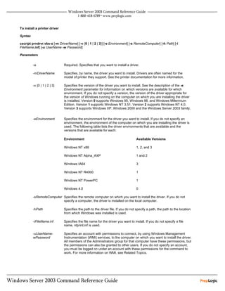 To install a printer driver

Syntax

cscript prndrvr.vbs-a [-m DriverName] [-v {0 | 1 | 2 | 3}] [-e Environment] [-s RemoteComputer] [-h Path] [-i
FileName.inf] [-u UserName -w Password]

Parameters


         -a                   Required. Specifies that you want to install a driver.

         -mDriverName         Specifies, by name, the driver you want to install. Drivers are often named for the
                              model of printer they support. See the printer documentation for more information.

         -v {0 | 1 | 2 | 3}   Specifies the version of the driver you want to install. See the description of the -e
                              Environment parameter for information on which versions are available for which
                              environment. If you do not specify a version, the version of the driver appropriate for
                              the version of Windows running on the computer on which you are installing the driver
                              is installed. Version 0 supports Windows 95, Windows 98, and Windows Millennium
                              Edition. Version 1 supports Windows NT 3.51. Version 2 supports Windows NT 4.0.
                              Version 3 supports Windows XP, Windows 2000 and the Windows Server 2003 family.


         -eEnvironment        Specifies the environment for the driver you want to install. If you do not specify an
                              environment, the environment of the computer on which you are installing the driver is
                              used. The following table lists the driver environments that are available and the
                              versions that are available for each:

                              Environment                                          Available Versions

                              Windows NT x86                                       1, 2, and 3

                              Windows NT Alpha_AXP                                 1 and 2

                              Windows IA64                                         3

                              Windows NT R4000                                     1

                              Windows NT PowerPC                                   1

                              Windows 4.0                                          0

         -sRemoteComputer Specifies the remote computer on which you want to install the driver. If you do not
                          specify a computer, the driver is installed on the local computer.

         -hPath               Specifies the path to the driver file. If you do not specify a path, the path to the location
                              from which Windows was installed is used.

         -iFileName.inf       Specifies the file name for the driver you want to install. If you do not specify a file
                              name, ntprint.inf is used.

         -uUserName-          Specifies an account with permissions to connect, by using Windows Management
         wPassword            Instrumentation (WMI) services, to the computer on which you want to install the driver.
                              All members of the Administrators group for that computer have these permissions, but
                              the permissions can also be granted to other users. If you do not specify an account,
                              you must be logged on under an account with these permissions for the command to
                              work. For more information on WMI, see Related Topics.
 