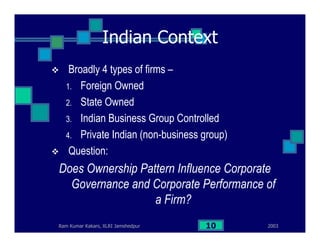 2003Ram Kumar Kakani, XLRI Jamshedpur 10
Indian Context
Broadly 4 types of firms –
1. Foreign Owned
2. State Owned
3. Indian Business Group Controlled
4. Private Indian (non-business group)
Question:
Does Ownership Pattern Influence Corporate
Governance and Corporate Performance of
a Firm?
 