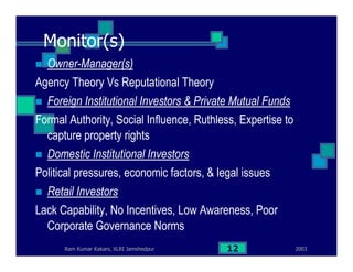 2003Ram Kumar Kakani, XLRI Jamshedpur 12
Monitor(s)
Owner-Manager(s)
Agency Theory Vs Reputational Theory
Foreign Institutional Investors & Private Mutual Funds
Formal Authority, Social Influence, Ruthless, Expertise to
capture property rights
Domestic Institutional Investors
Political pressures, economic factors, & legal issues
Retail Investors
Lack Capability, No Incentives, Low Awareness, Poor
Corporate Governance Norms
 