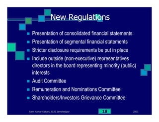 2003Ram Kumar Kakani, XLRI Jamshedpur 18
New Regulations
Presentation of consolidated financial statements
Presentation of segmental financial statements
Stricter disclosure requirements be put in place
Include outside (non-executive) representatives
directors in the board representing minority (public)
interests
Audit Committee
Remuneration and Nominations Committee
Shareholders/Investors Grievance Committee
 
