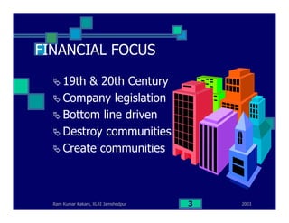 2003Ram Kumar Kakani, XLRI Jamshedpur 3
19th & 20th Century
Company legislation
Bottom line driven
Destroy communities
Create communities
FINANCIAL FOCUS
 